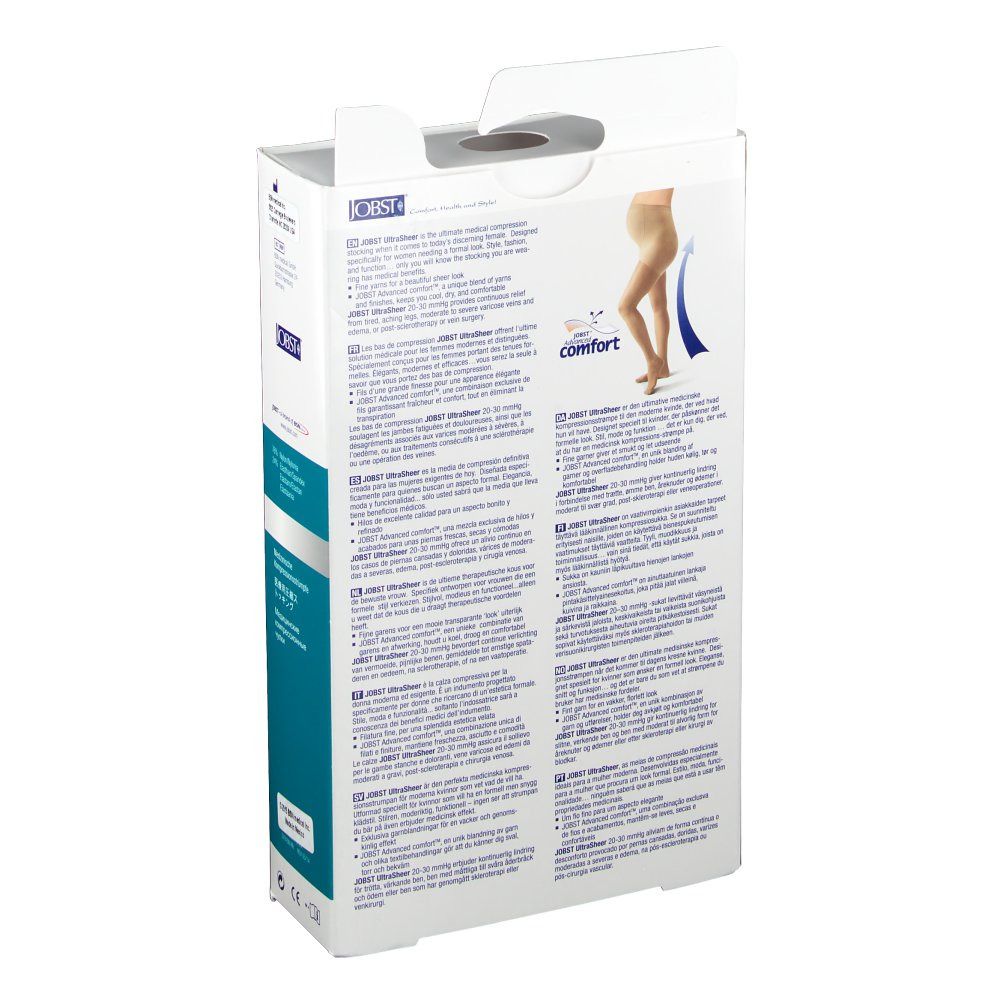Dos de l'emballage JOBST UltraSheer. Texte multilingue. Logo : JOBST.
