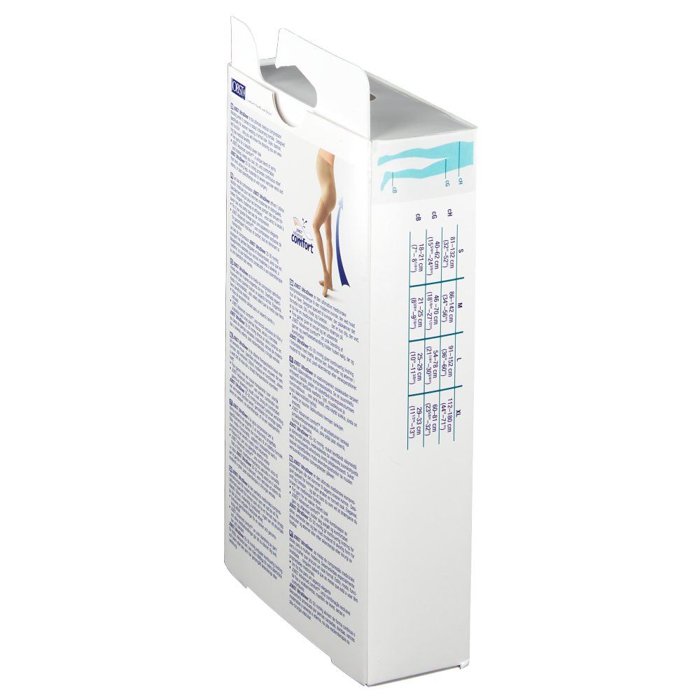 Vue latérale de l'emballage JOBST UltraSheer. Texte et tableau des tailles. Logo : JOBST.