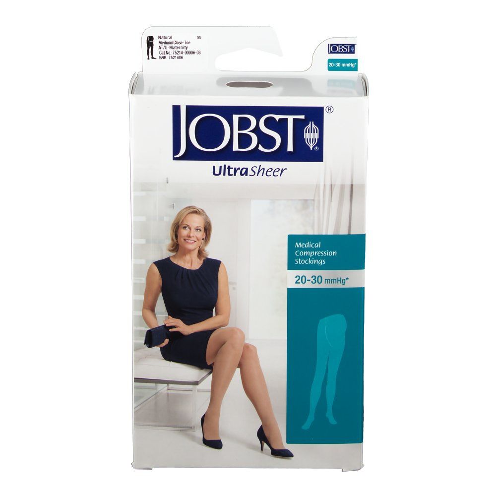 Emballage de bas de compression JOBST UltraSheer. Femme assise. Inscriptions : 20-30 mmHg, bas de compression médicale.