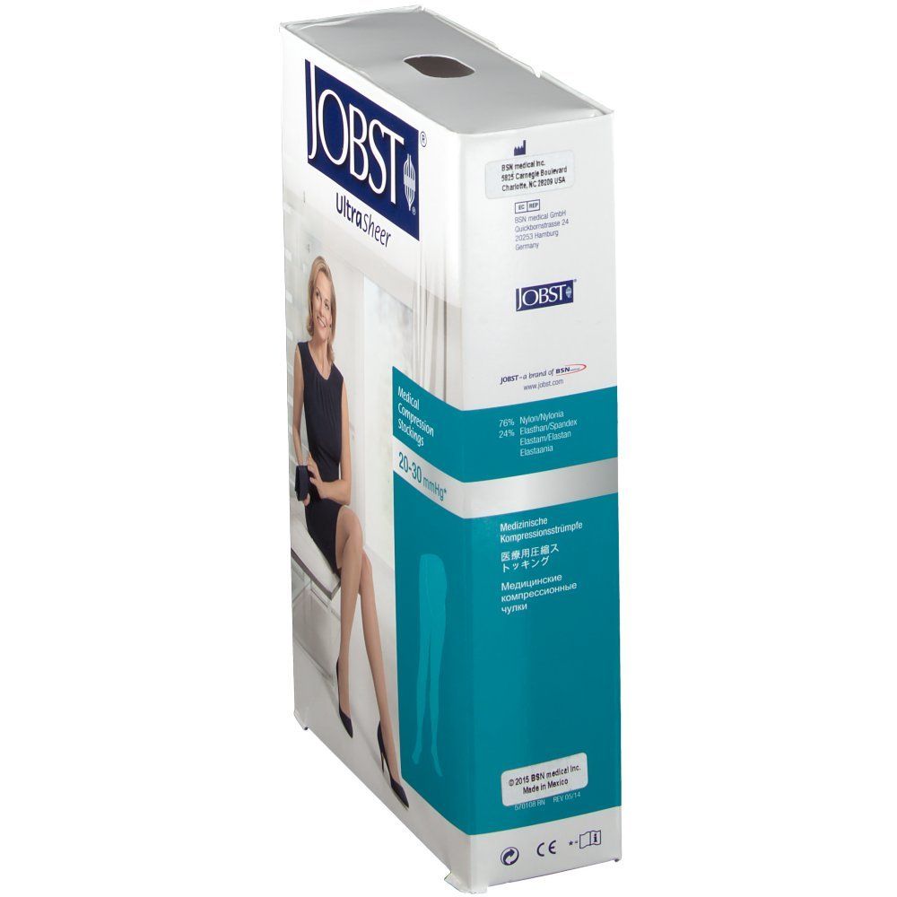 Emballage de bas de compression JOBST Ultra Sheer. Inscription: 20-30 mmHg. Image d'une femme portant des bas. Illustration du produit.