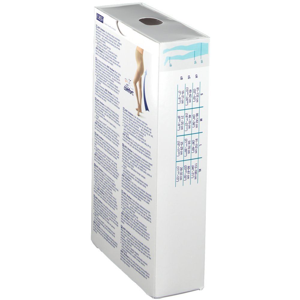 Côté de l'emballage des bas de compression JOBST Ultra Sheer. Texte et tableau des tailles. Illustration d'une jambe portant un bas.