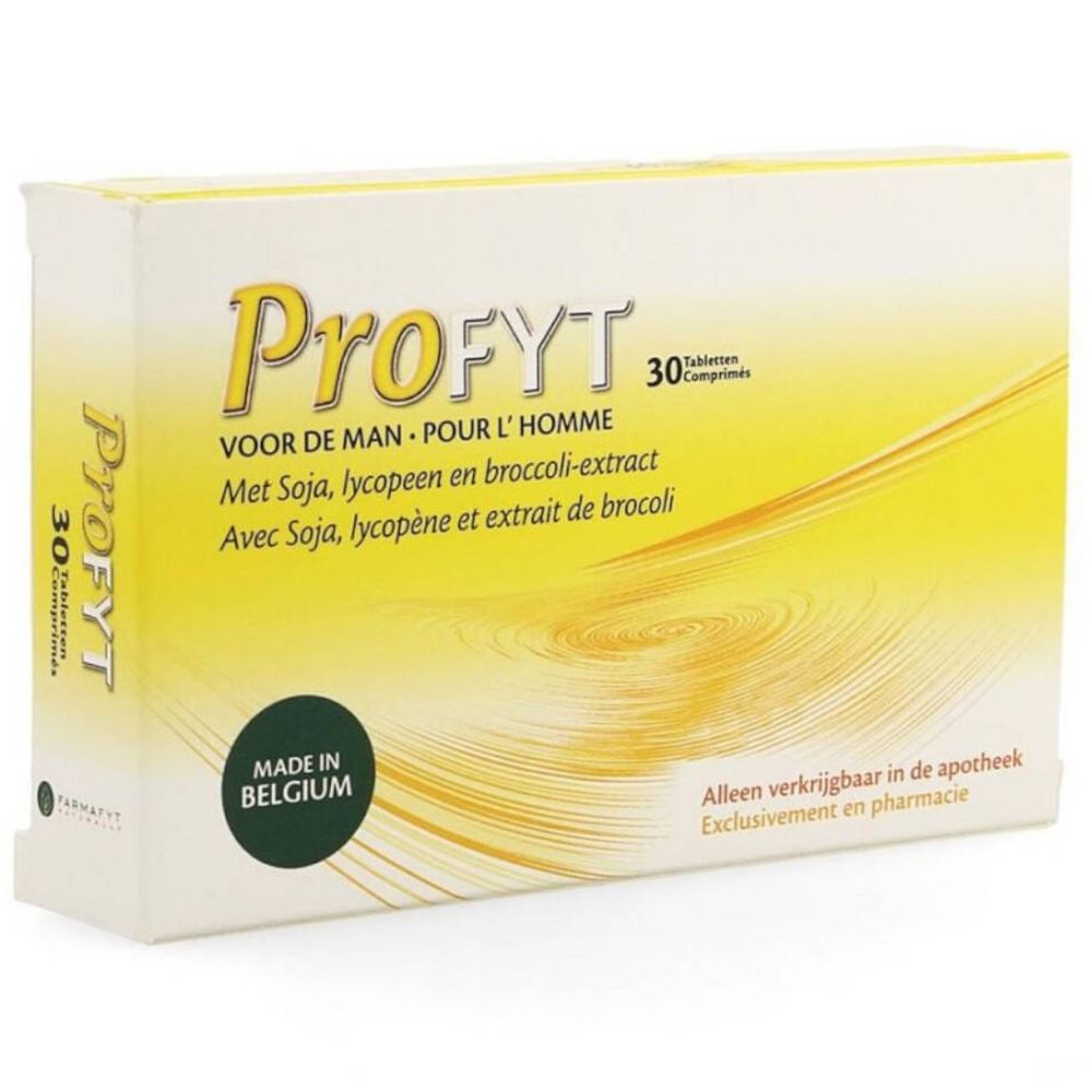 Boîte de comprimés Profyt. Boîte jaune et blanche avec nom du produit et informations. Fabriqué en Belgique.