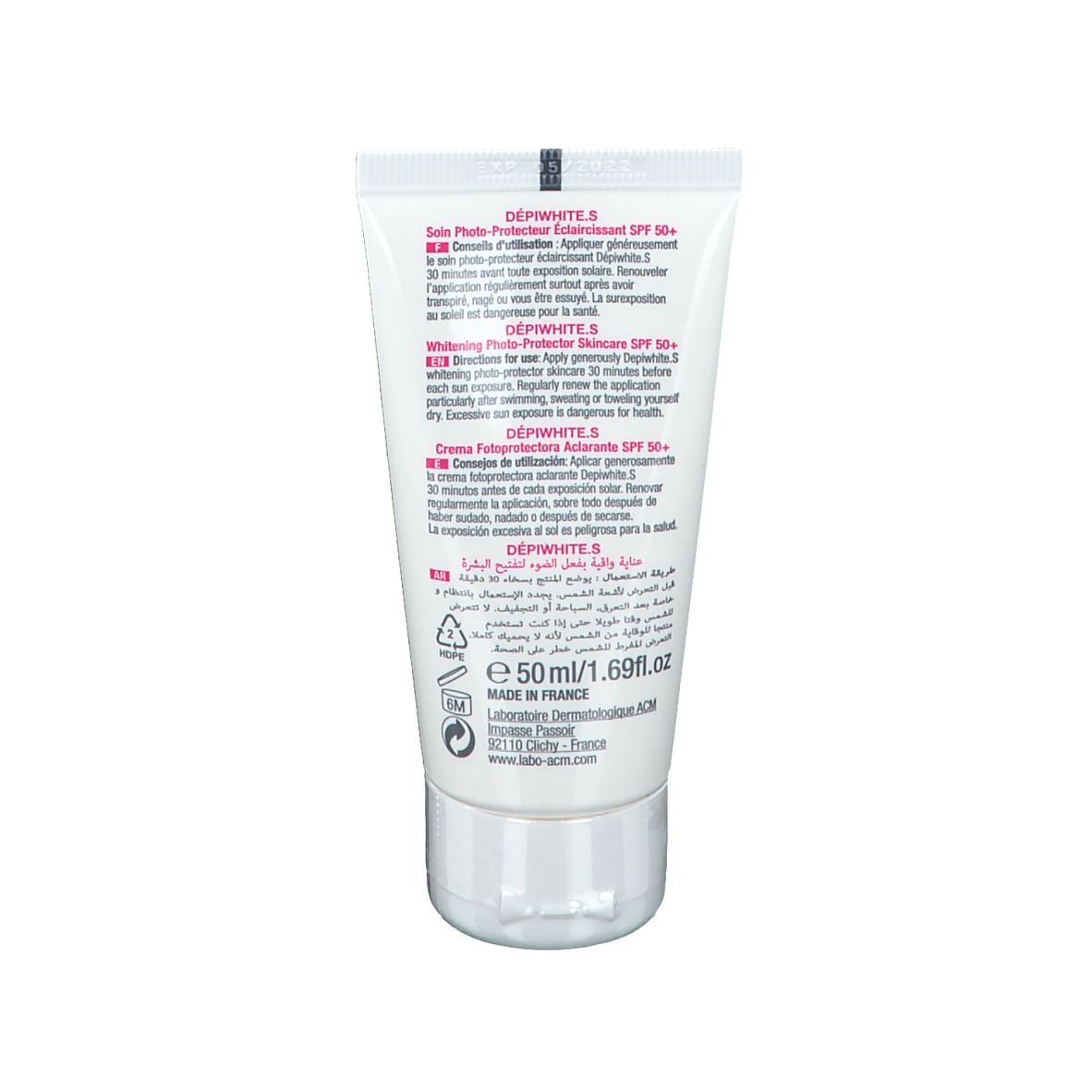 Dos du tube. Texte multilingue. Contient des informations sur les ingrédients et l'utilisation. 50 ml.