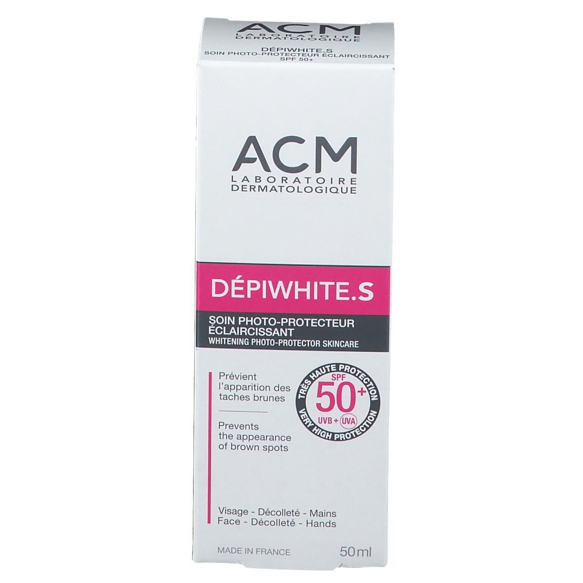 Boîte blanche avec détails roses. Inscription: ACM Dépiwhite.S SPF 50+. Prévient les taches brunes. 50 ml.