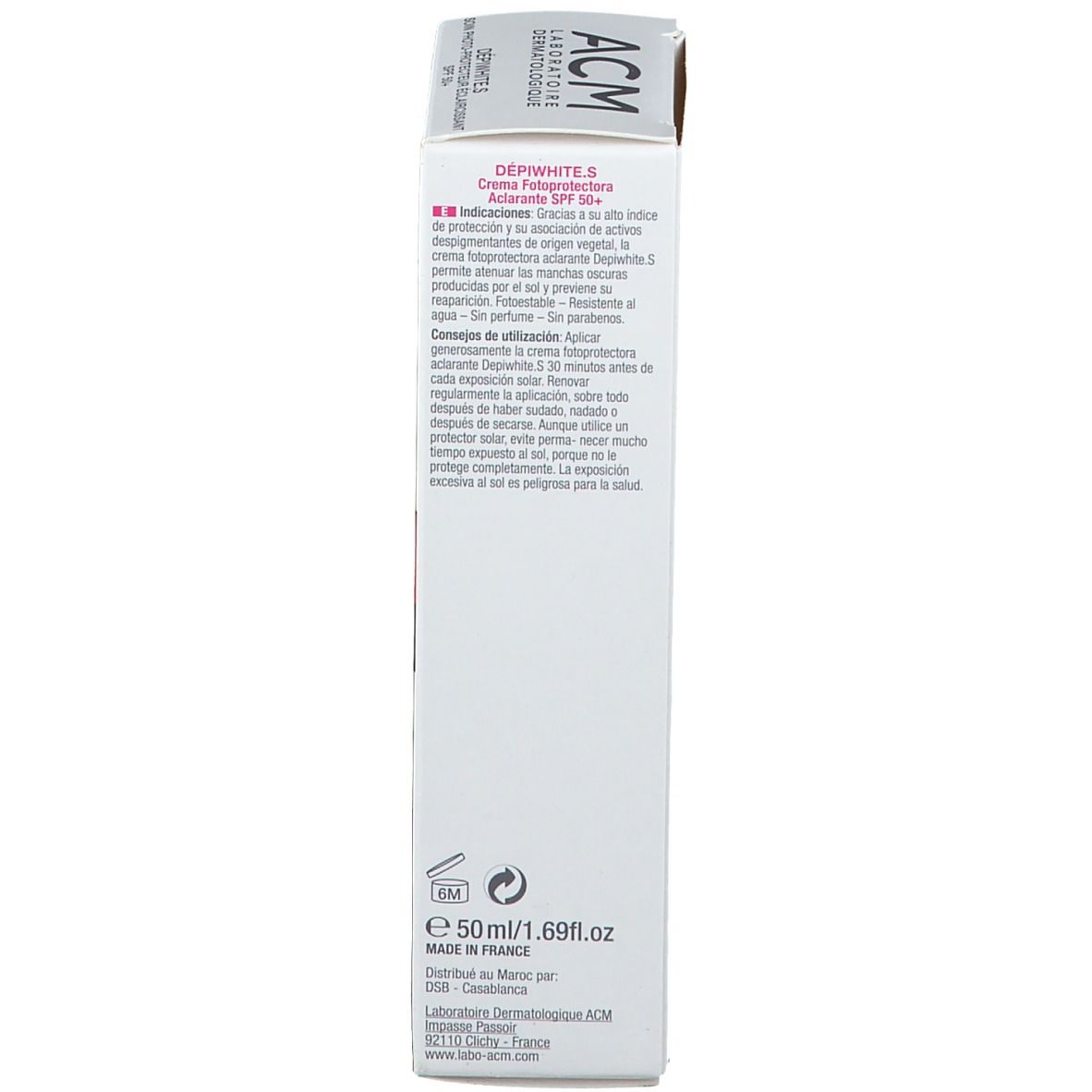 Dos de la boîte. Texte multilingue. Contient des informations sur les ingrédients et l'utilisation. 50 ml.