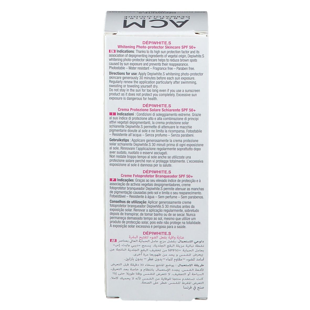 Côté de la boîte. Texte multilingue. Contient des informations sur les ingrédients et l'utilisation. 50 ml.
