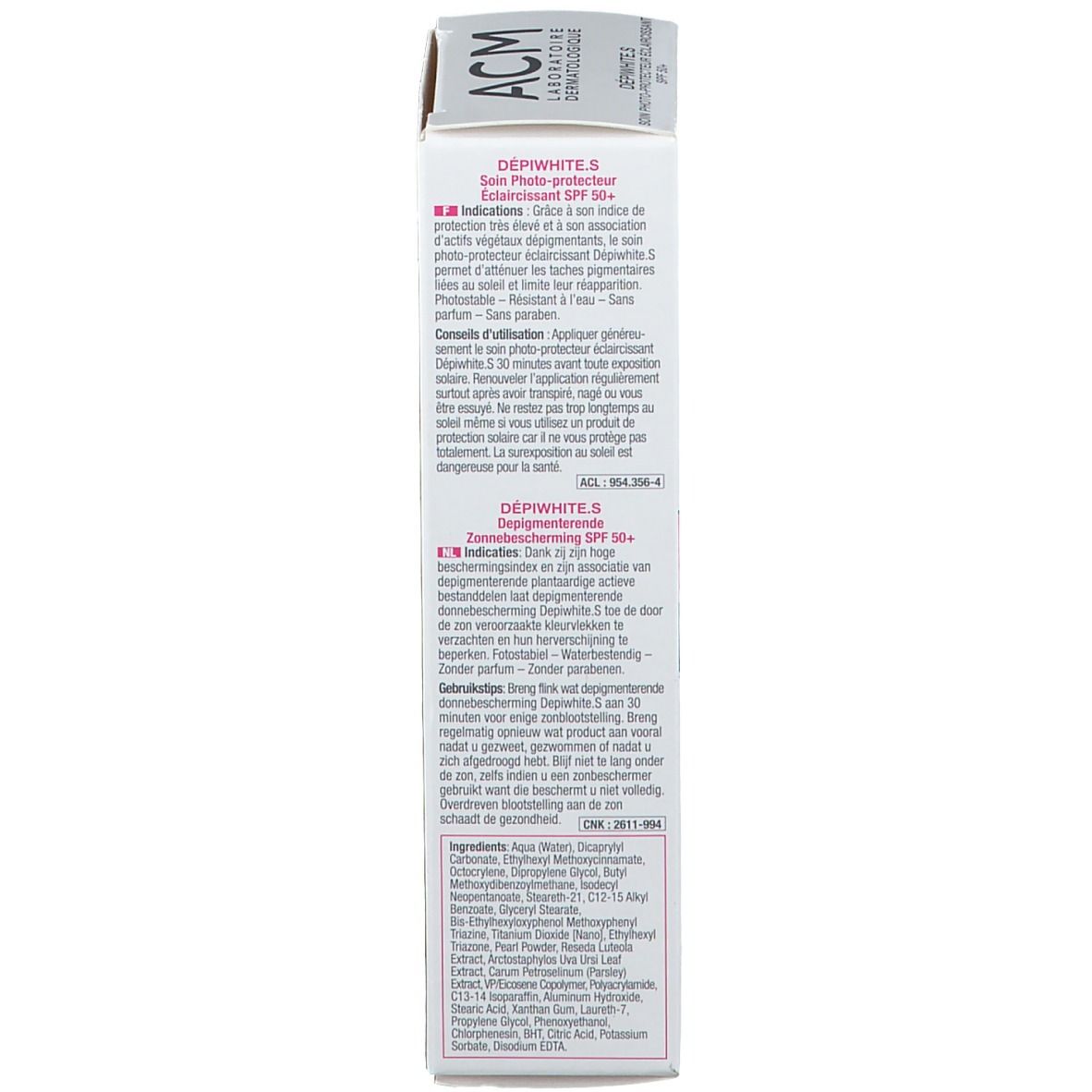 Côté de la boîte. Texte multilingue. Contient des informations sur les ingrédients et l'utilisation. 50 ml.