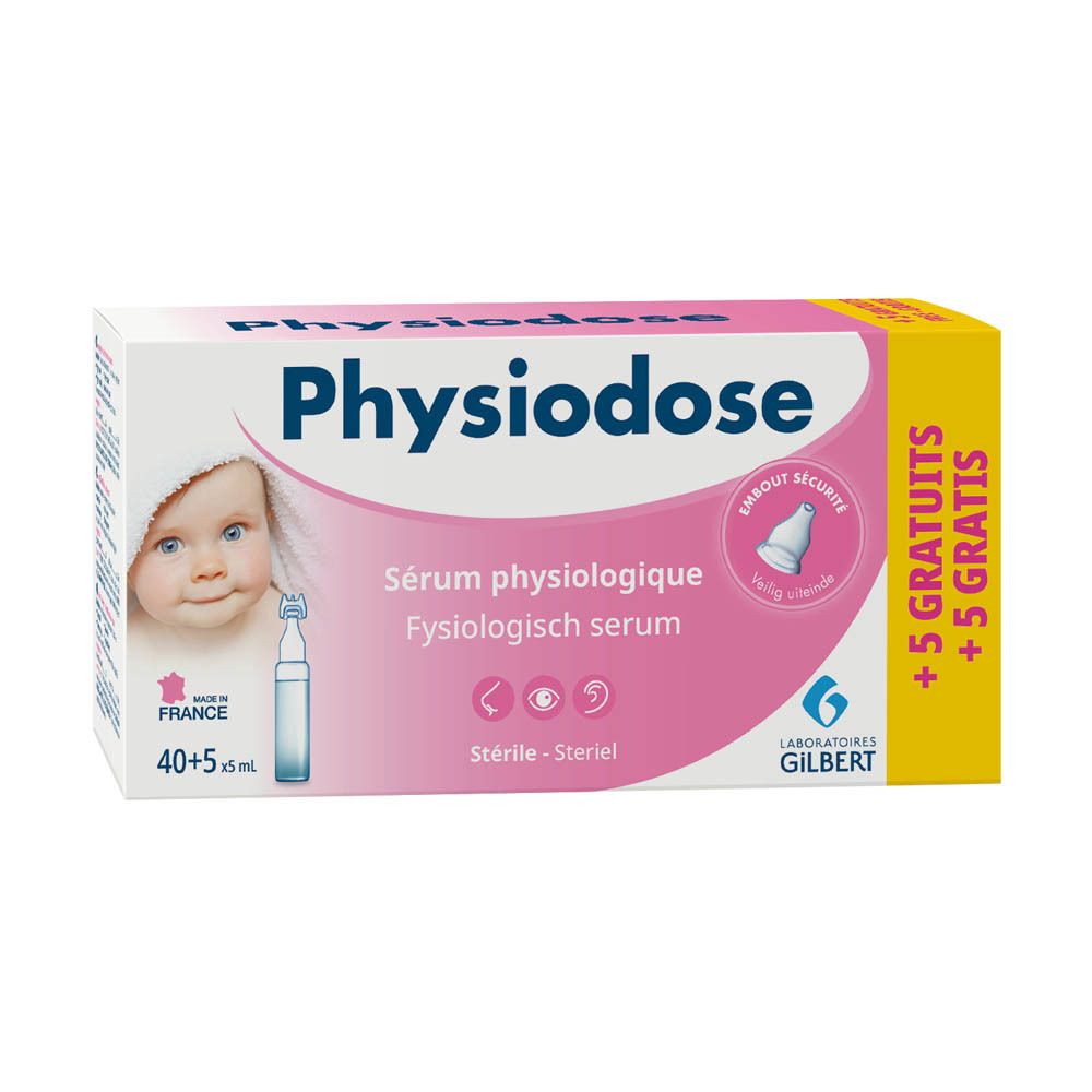 Physiodose-verpakking. Roze en witte doos met productnaam en baby-illustratie. Bevat ampullen.