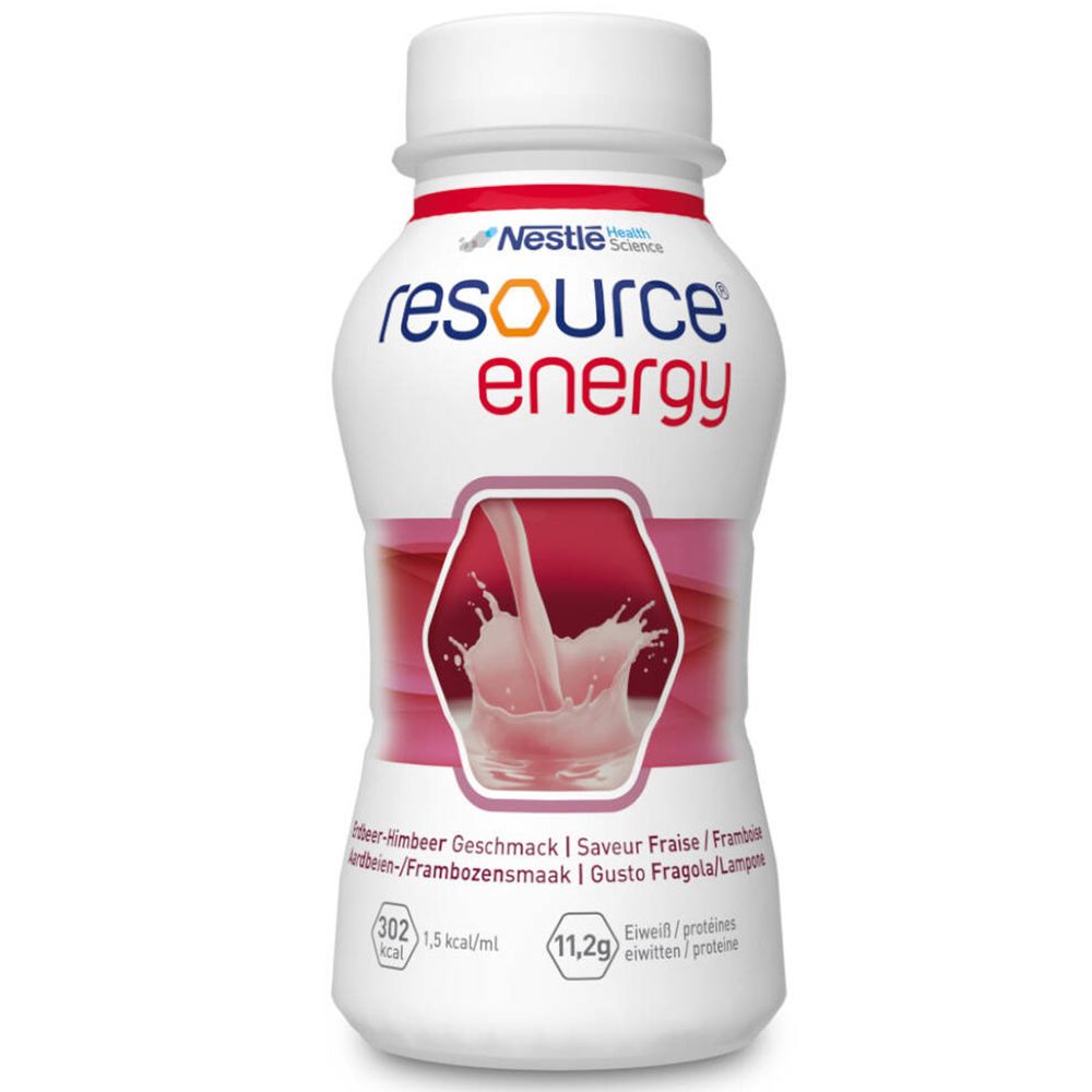 Witte fles met rode tekst: resource energy. Aardbei-Framboos smaak. Nestle Health Science logo. Afbeelding van drank.