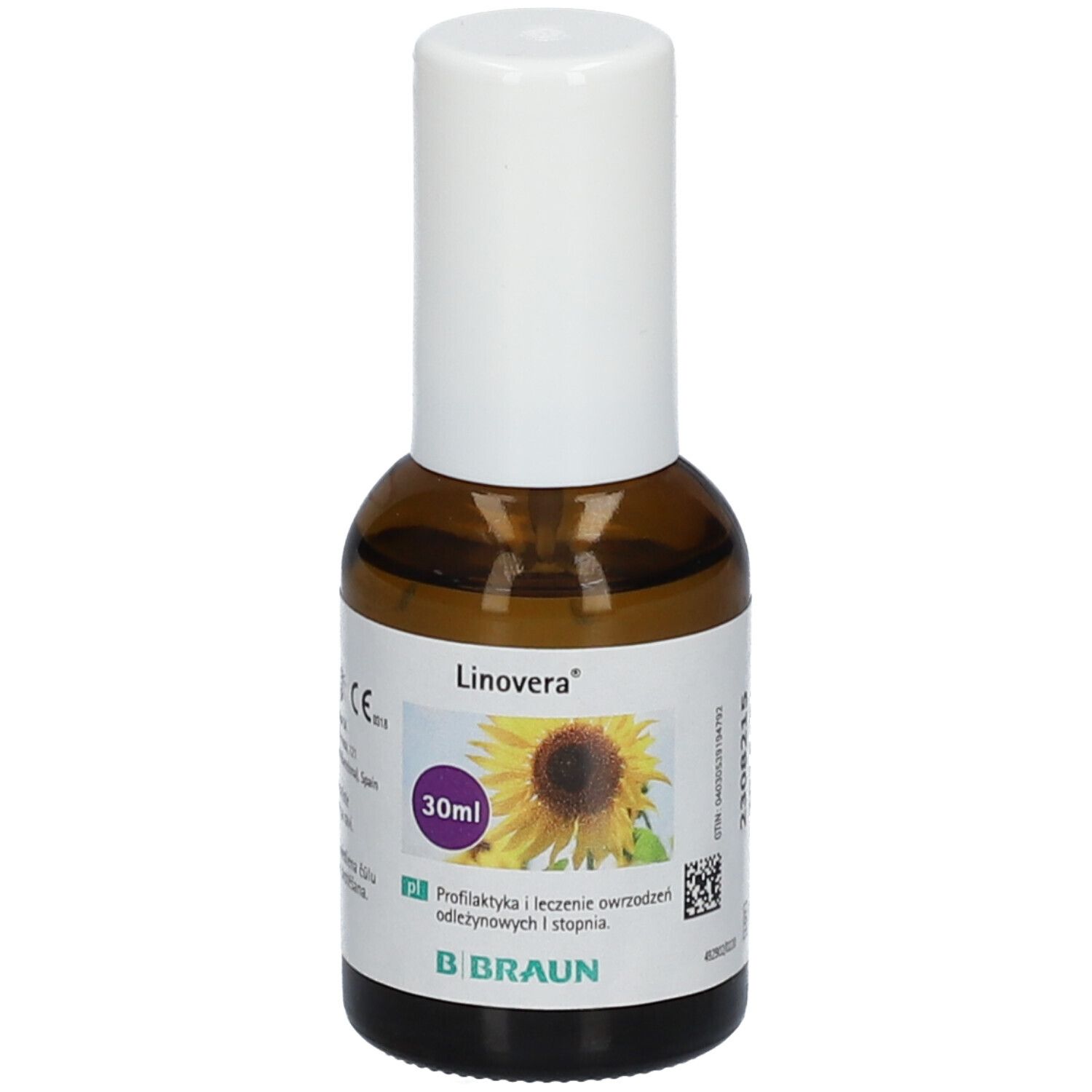 Flacon en verre brun avec bouchon blanc. Étiquette avec nom du produit, illustration de tournesol et texte. Marque B. Braun.