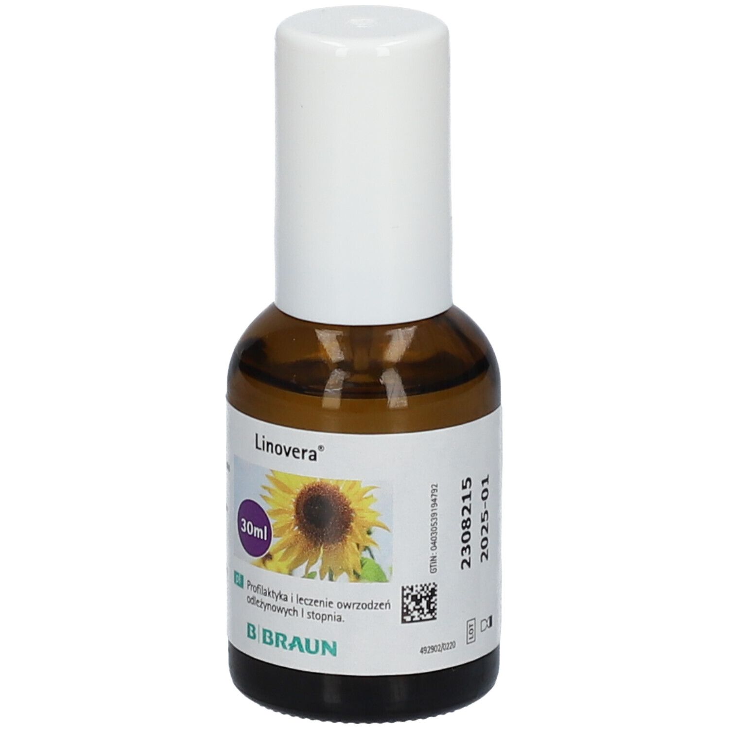 Flacon en verre brun avec bouchon blanc. Étiquette avec nom du produit, illustration de tournesol et texte. Marque B. Braun.