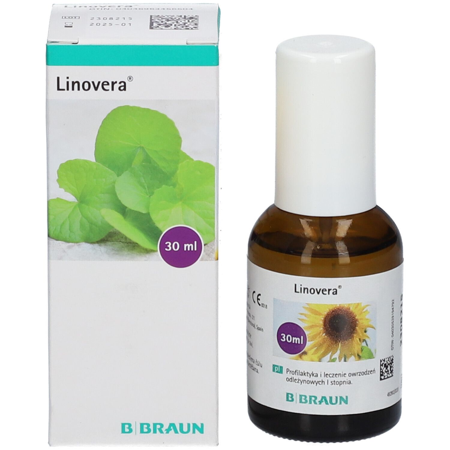 Flacon et emballage du produit. Flacon brun avec bouchon blanc. Emballage blanc avec feuilles vertes et nom du produit.