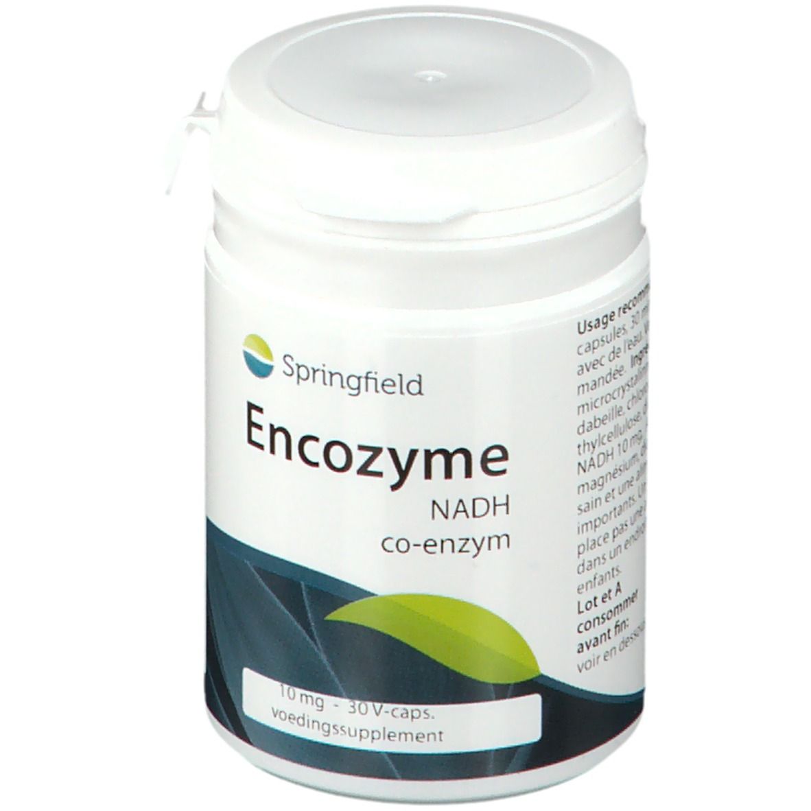 Boîte blanche avec étiquette verte. Inscription: Encozyme NADH co-enzym. 10 mg, 30 V-caps. Complément alimentaire.