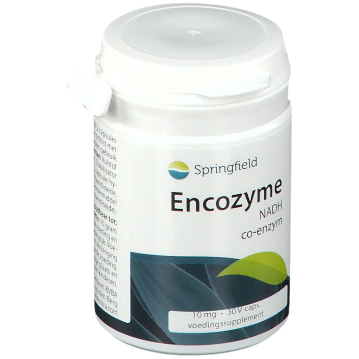 Boîte blanche avec étiquette verte. Inscription: Encozyme NADH co-enzym. 10 mg, 30 V-caps. Complément alimentaire.