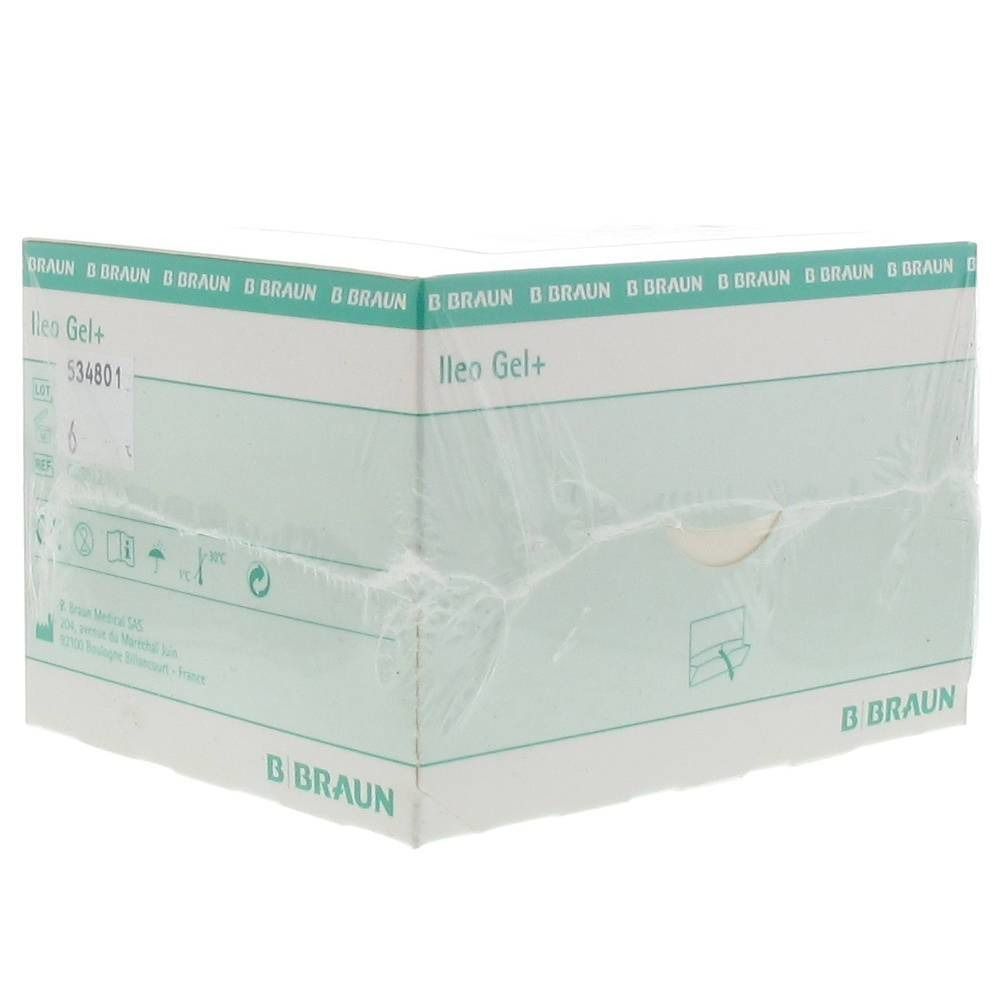 Doos Ileo Gel+ van B. Braun, verpakt in folie. Bedrukking met productnaam en logo.