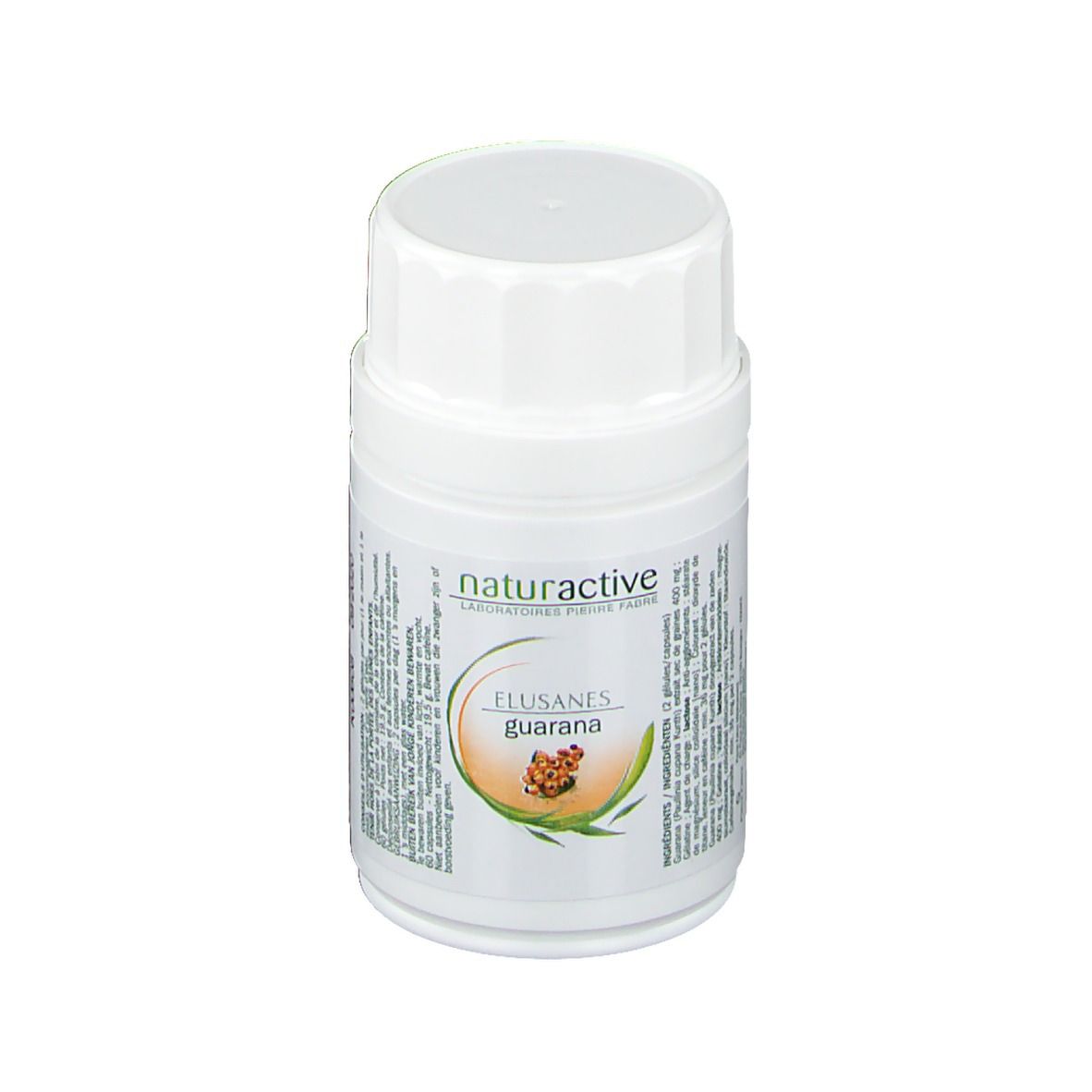 Flacon blanc avec bouchon à vis. Étiquette avec nom du produit et logo: naturactive ELUSANES guarana. Illustration de fruits de guarana.