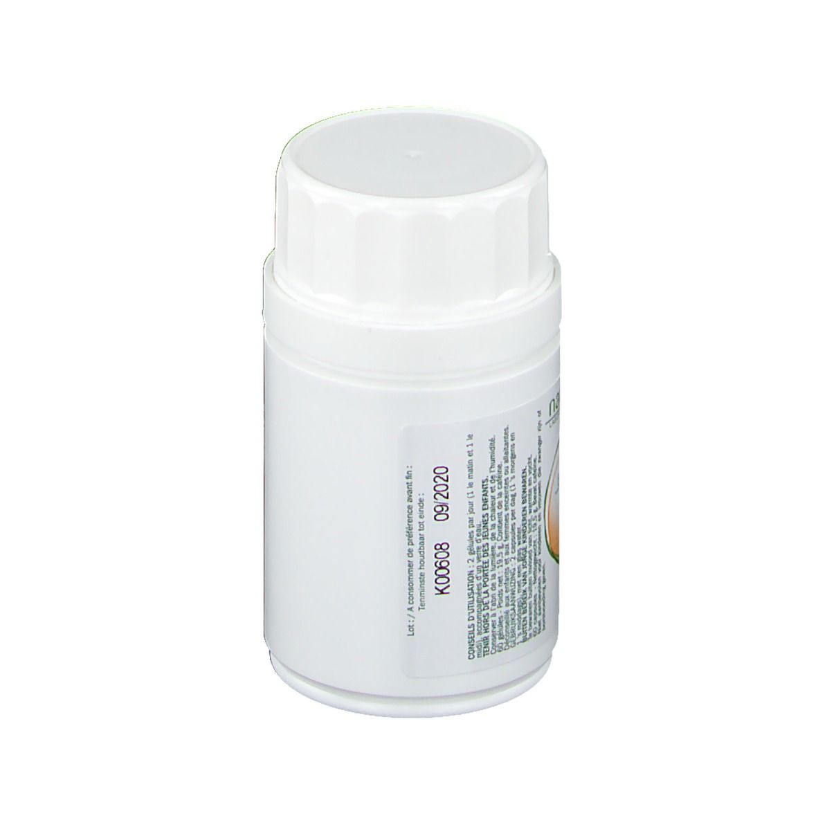 Flacon blanc avec bouchon à vis. Étiquette avec informations sur le produit et date de péremption.