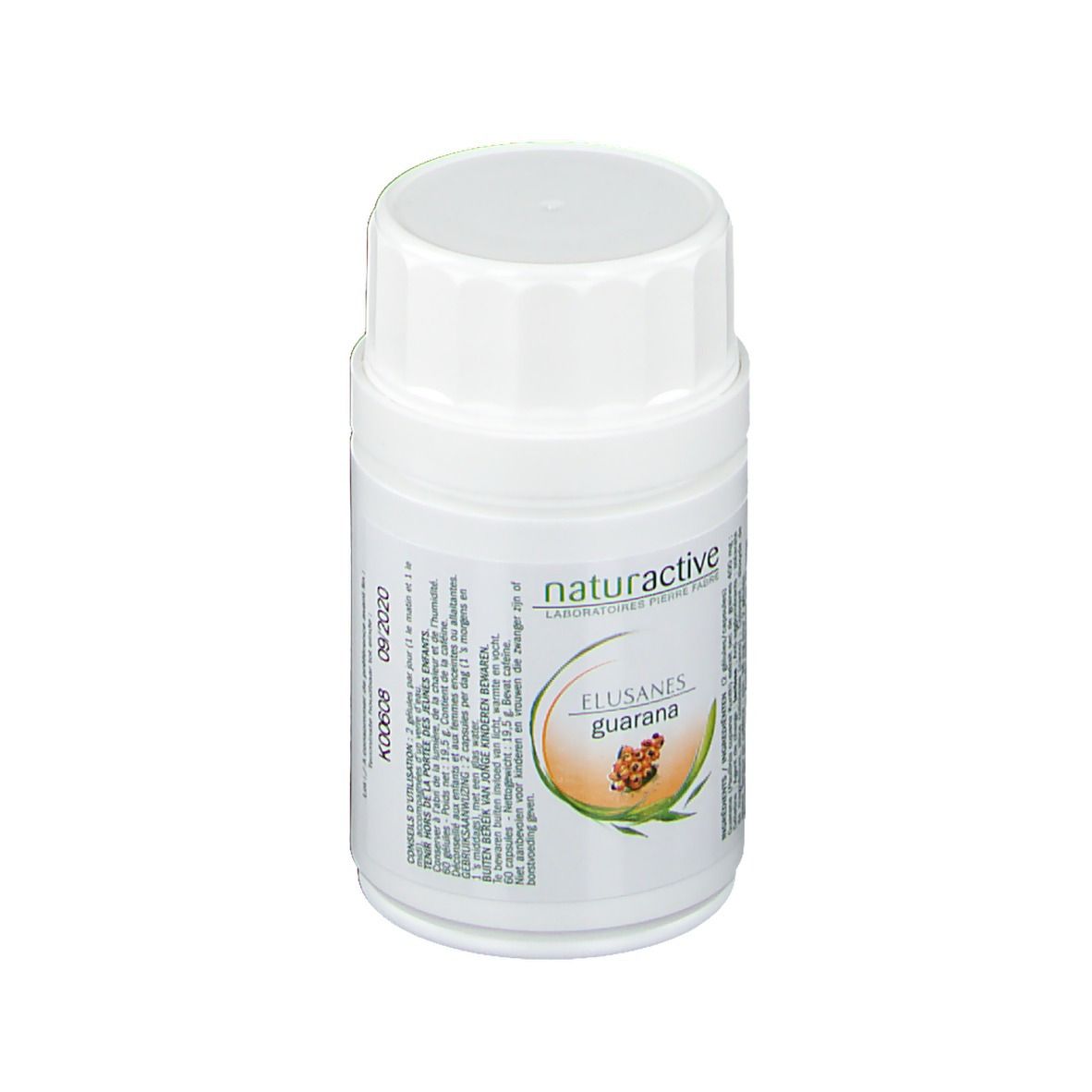 Flacon blanc avec bouchon à vis. Étiquette avec nom du produit et logo: naturactive ELUSANES guarana. Date de péremption.