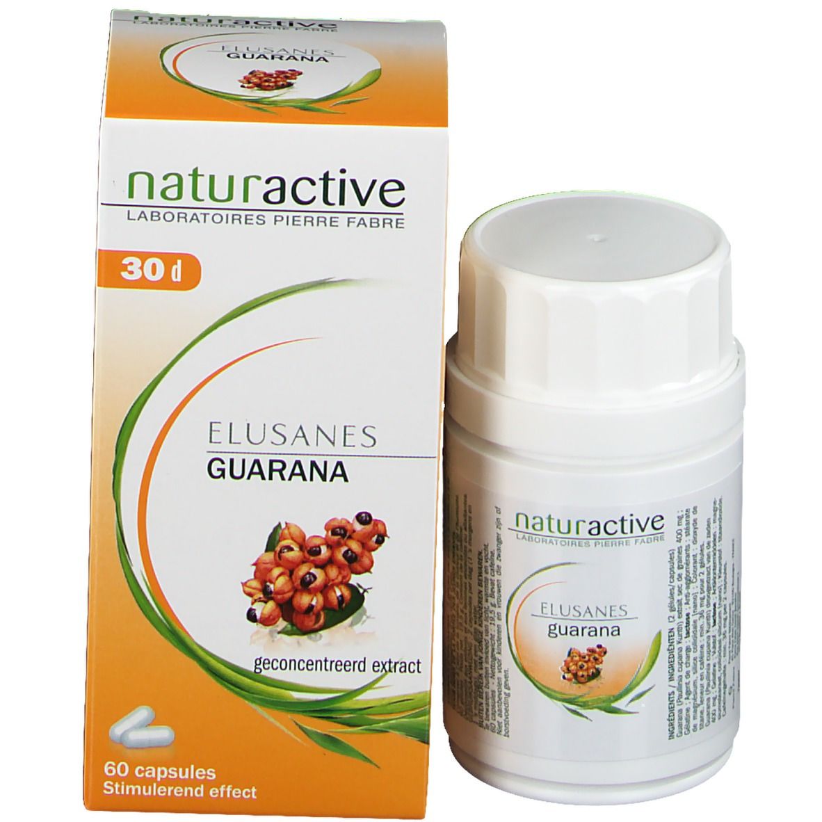 Emballage du produit avec flacon et boîte. Boîte avec nom du produit: ELUSANES GUARANA. 60 gélules.