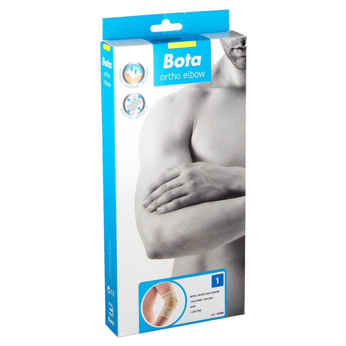 Emballage Bota Ortho Elbow. Bleu et blanc. Image d'un homme avec un bras. Image du produit en bas à droite.
