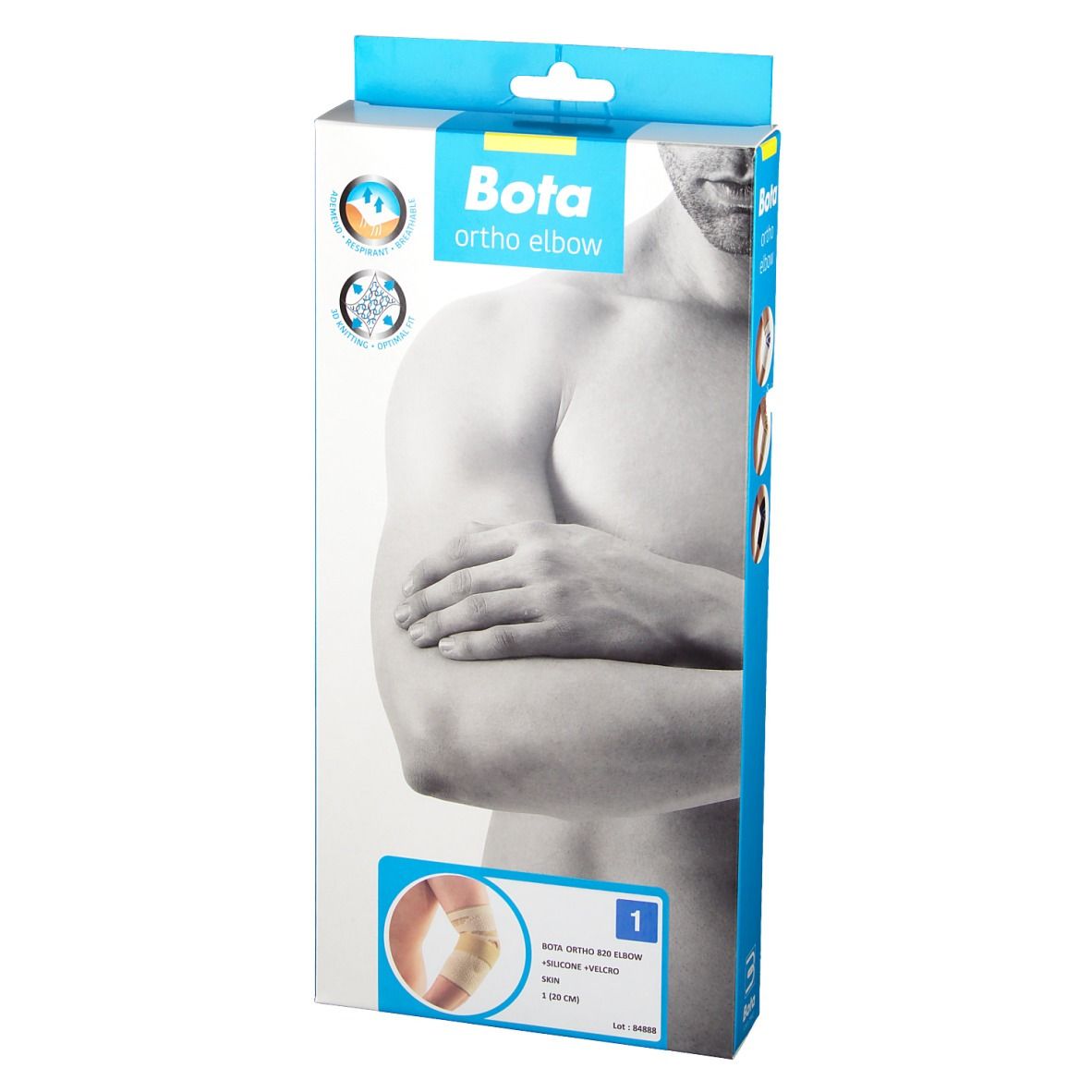 Emballage Bota Ortho Elbow. Bleu et blanc. Image d'un homme avec un bras. Image du produit en bas à droite. Taille 1.