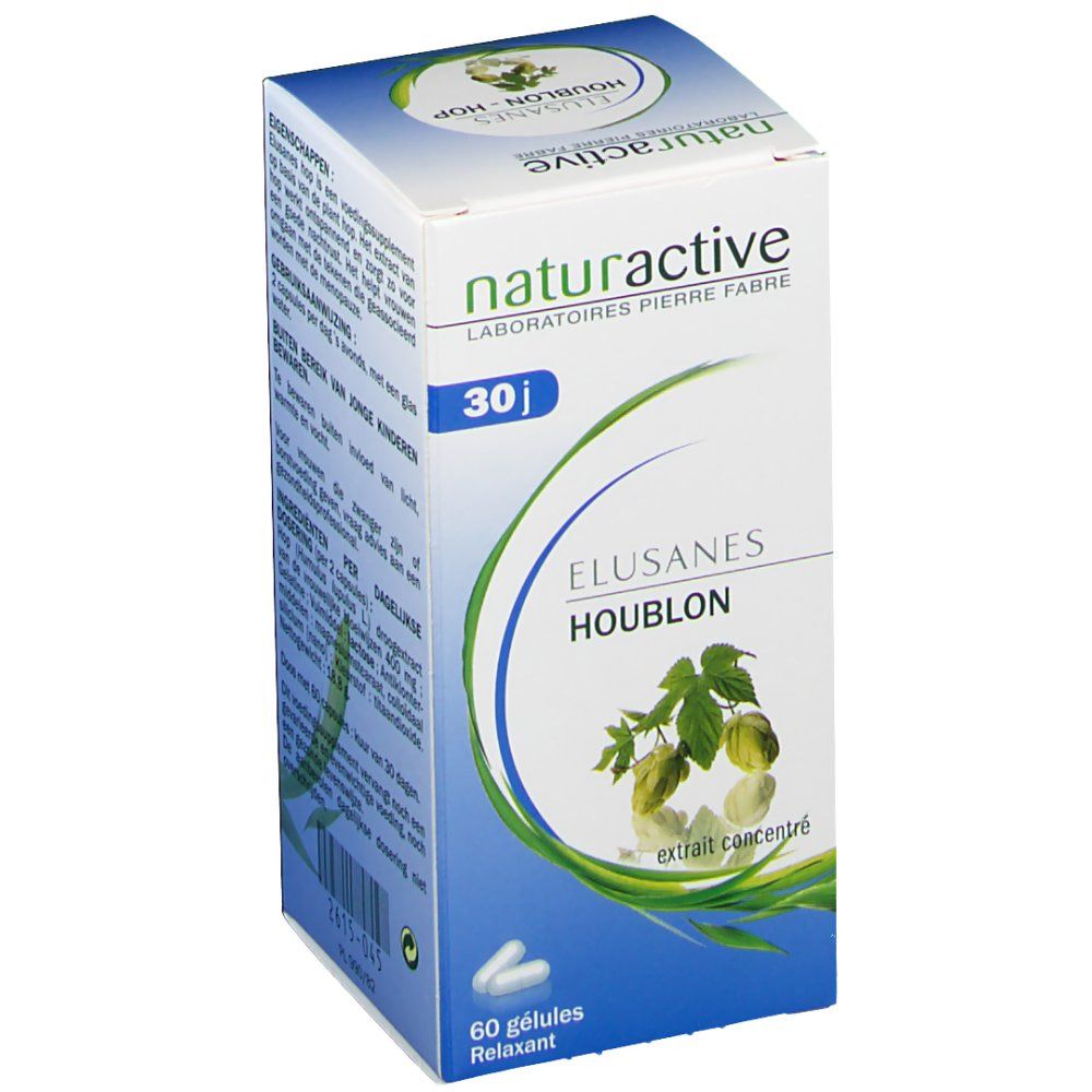 Schachtel mit 60 Kapseln. Aufschrift: naturactive, 30j, Elusanes Houblon, extrait concentré. Zwei Kapseln liegen daneben.