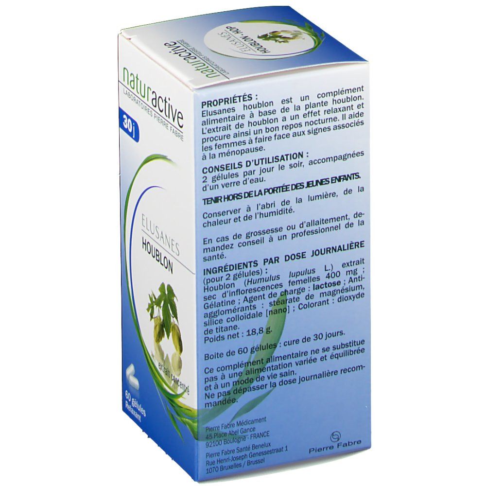 Rückseite der Schachtel mit Text. Aufschrift: naturactive, Elusanes Houblon. Inhaltsstoffe, Dosierung, Warnhinweise.