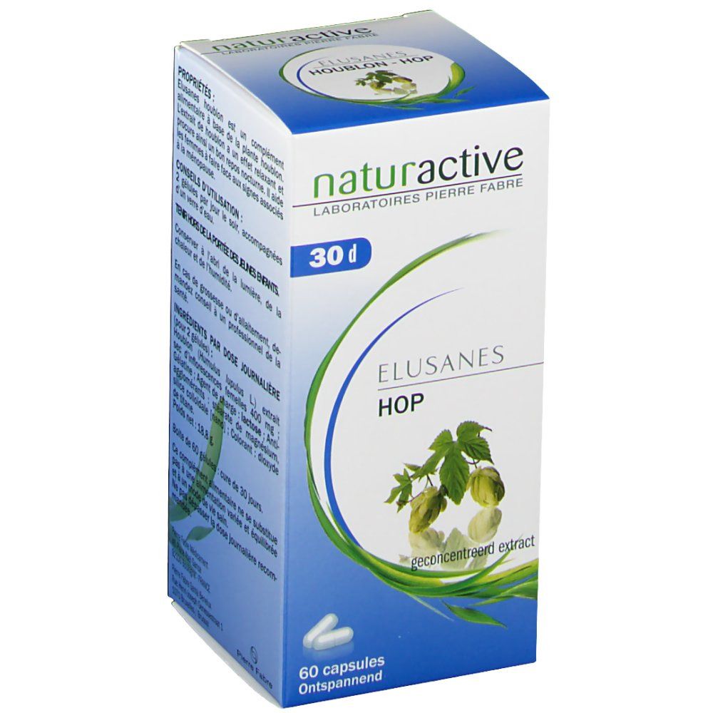 Schachtel mit 60 Kapseln. Aufschrift: naturactive, 30 d, Elusanes Hop, reconcentreerd extract. Zwei Kapseln liegen daneben.