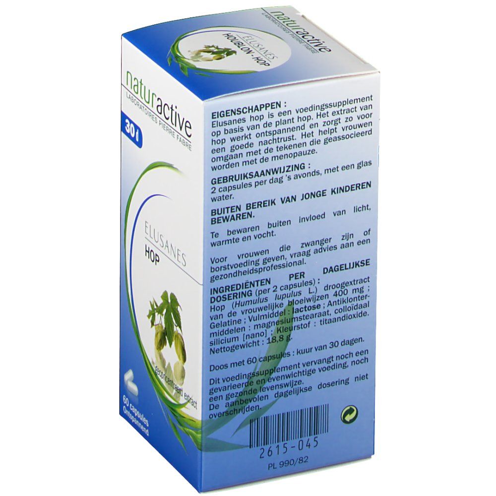 Rückseite der Schachtel mit Text. Aufschrift: naturactive, Elusanes Hop. Inhaltsstoffe, Dosierung, Warnhinweise.