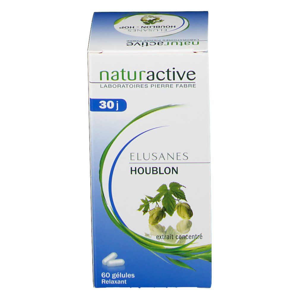 Schachtel mit 60 Kapseln. Aufschrift: naturactive, 30 j, Elusanes Houblon, extrait concentré. Zwei Kapseln liegen daneben.