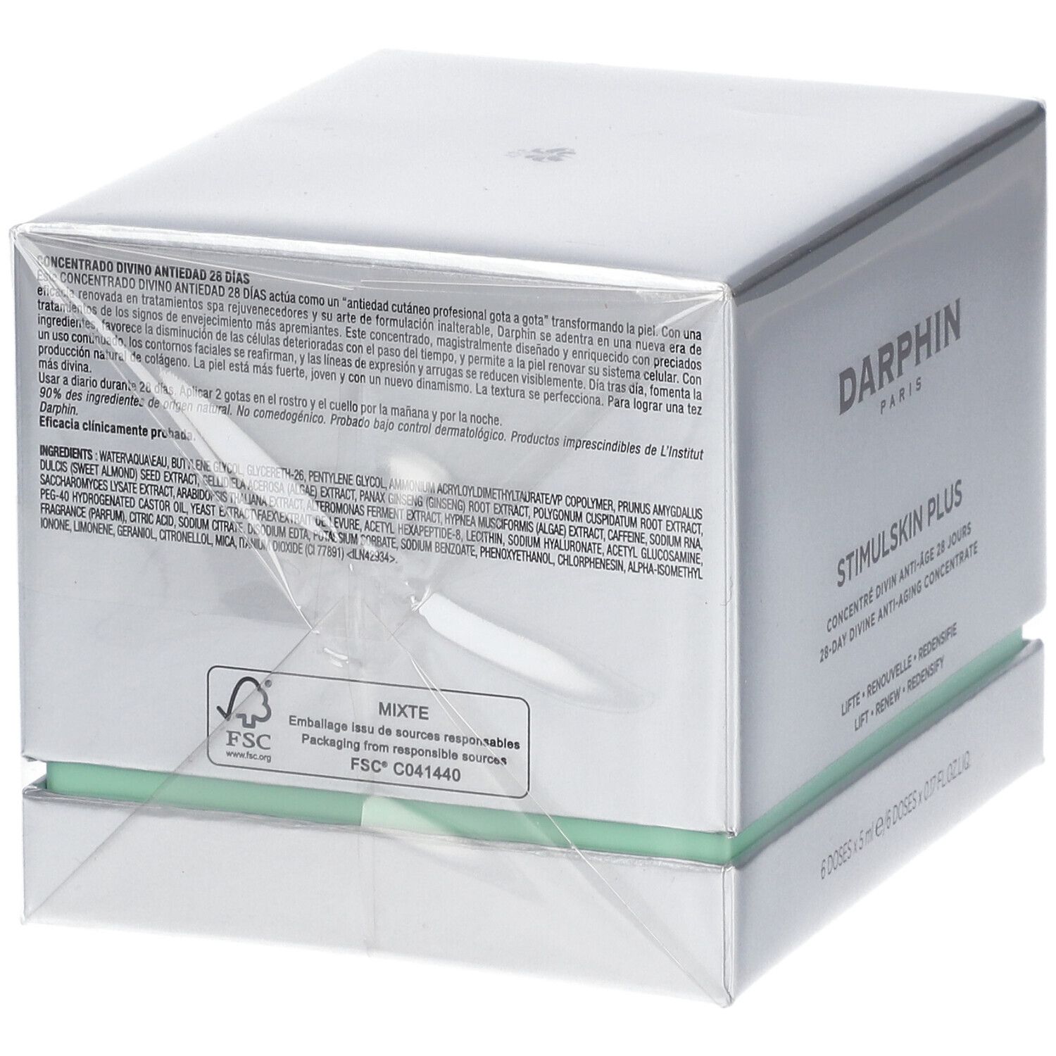 Produktverpackung mit Text und Inhaltsstoffen. Marke: DARPHIN. FSC-Zertifizierung. Transparente Folie.