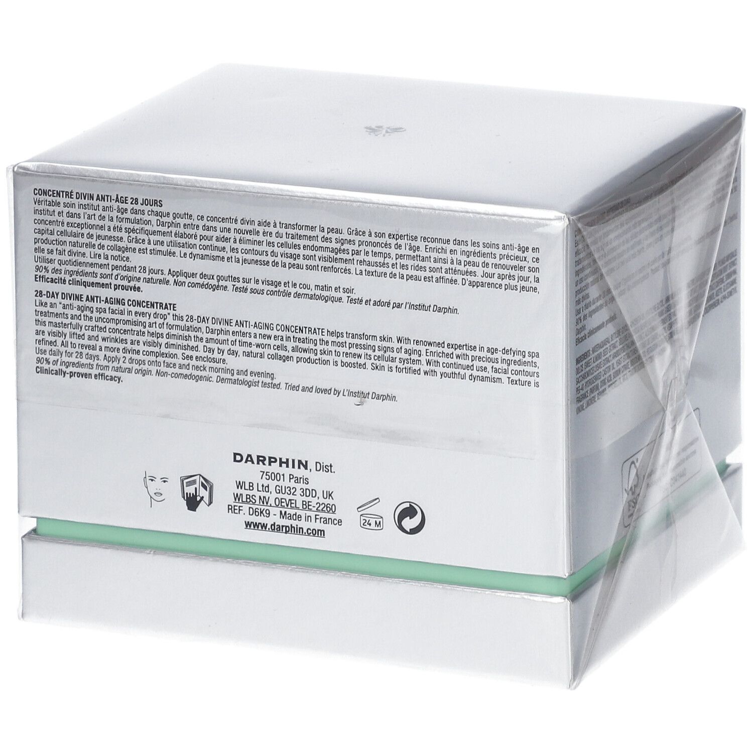 Produktverpackung mit Text. Marke: DARPHIN. Adresse und Logos. Transparente Folie.