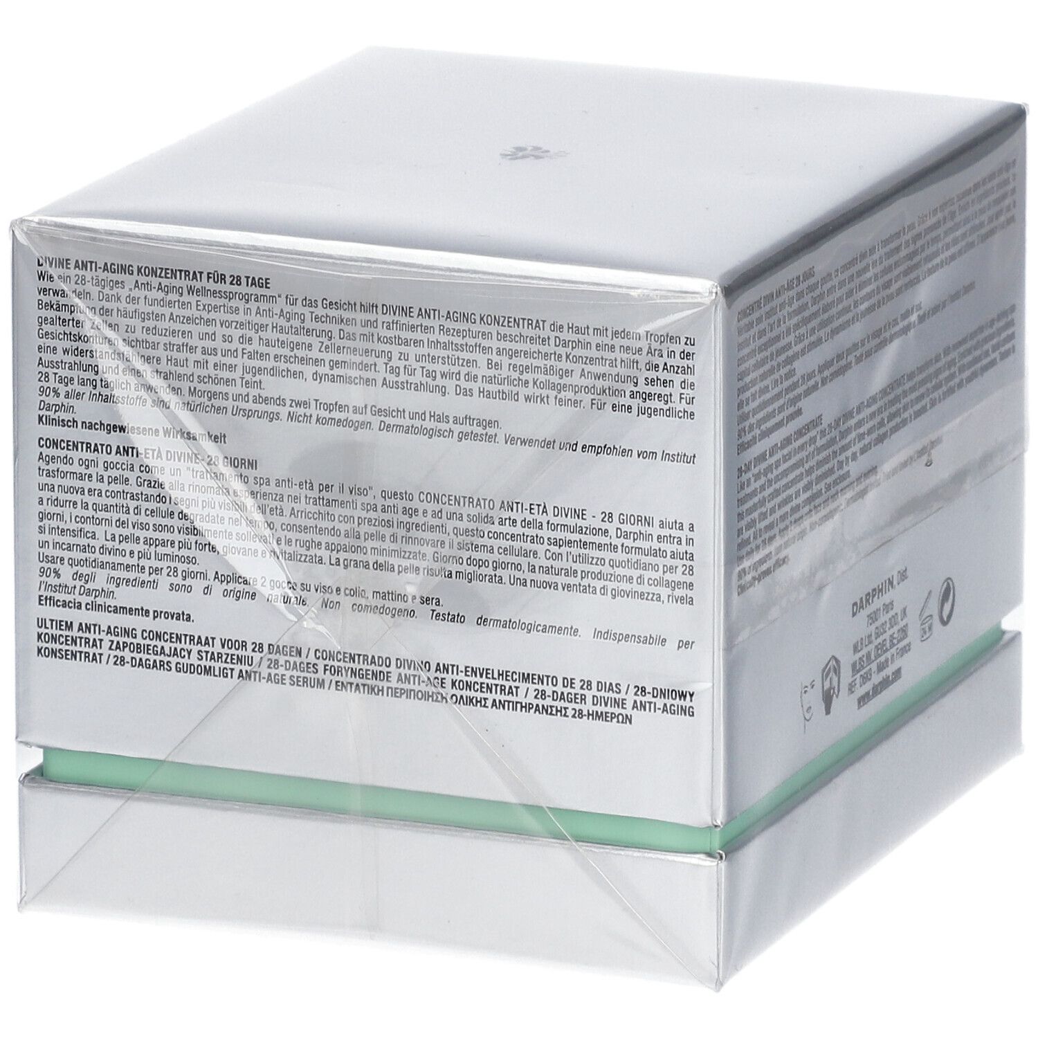 Produktverpackung mit Text. Marke: DARPHIN. Text in mehreren Sprachen. Transparente Folie.