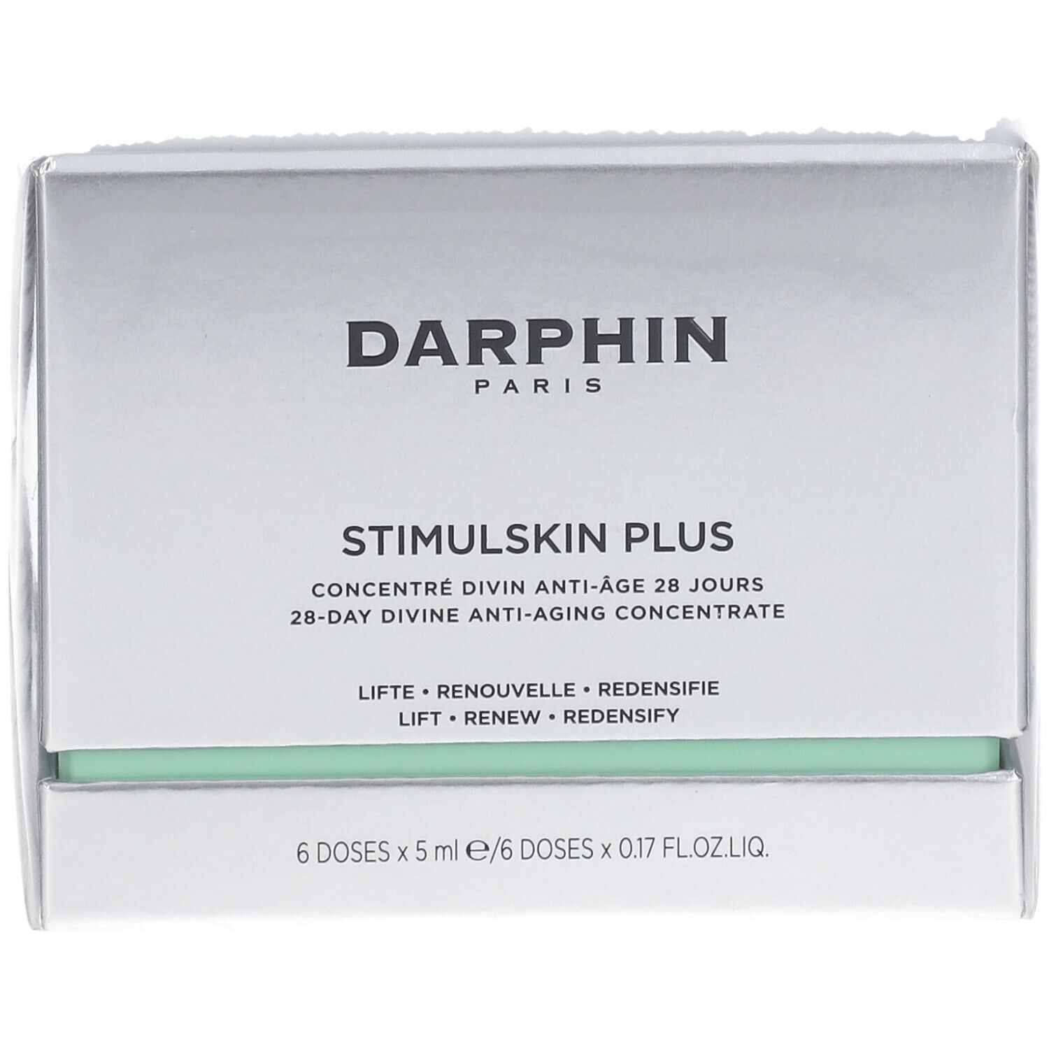 Silberne Produktverpackung mit Text. Marke: DARPHIN. STIMULSKIN PLUS. 6 Dosen, 5 ml/Dosis.