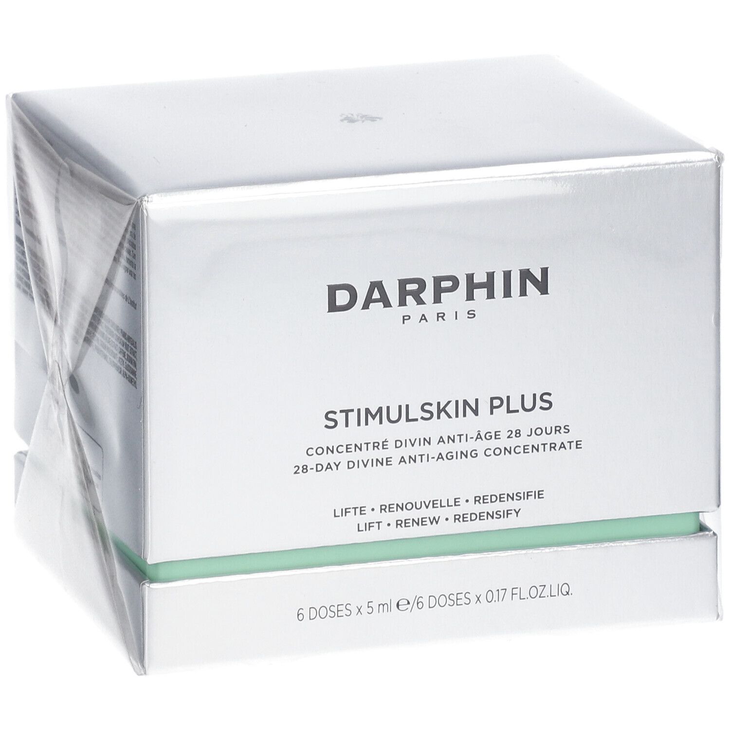 Silberne Produktverpackung mit Text. Marke: DARPHIN. STIMULSKIN PLUS. 6 Dosen, 5 ml/Dosis.