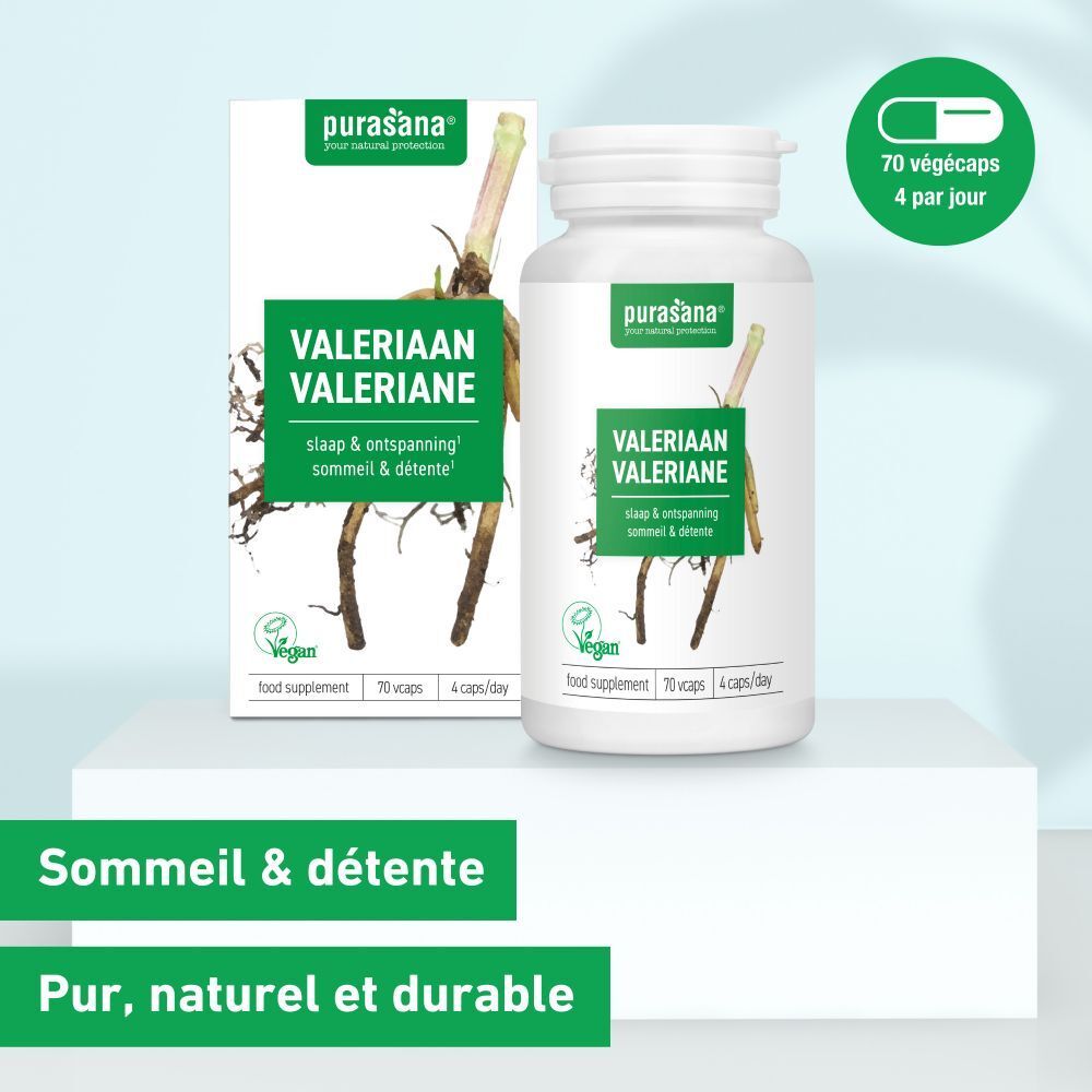 Emballage du produit avec flacon et boîte. Inscription: Valériane, illustration de racine, vegan. Écriture verte. 70 gélules. Sommeil & détente.