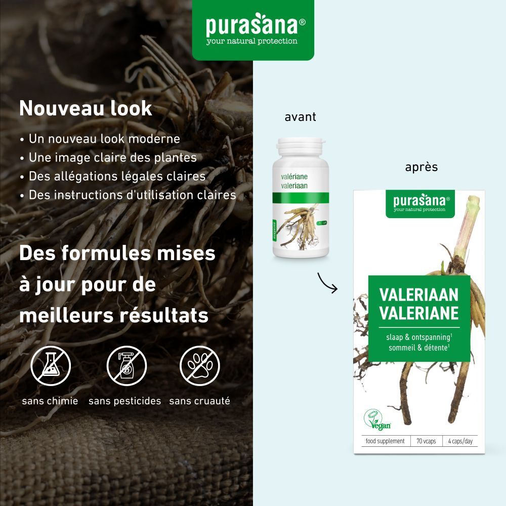 Comparaison des anciens et nouveaux emballages. Flacon et boîte avec inscription Valériane. Illustration de racine. Vert. Sans produits chimiques, pesticides, cruauté.