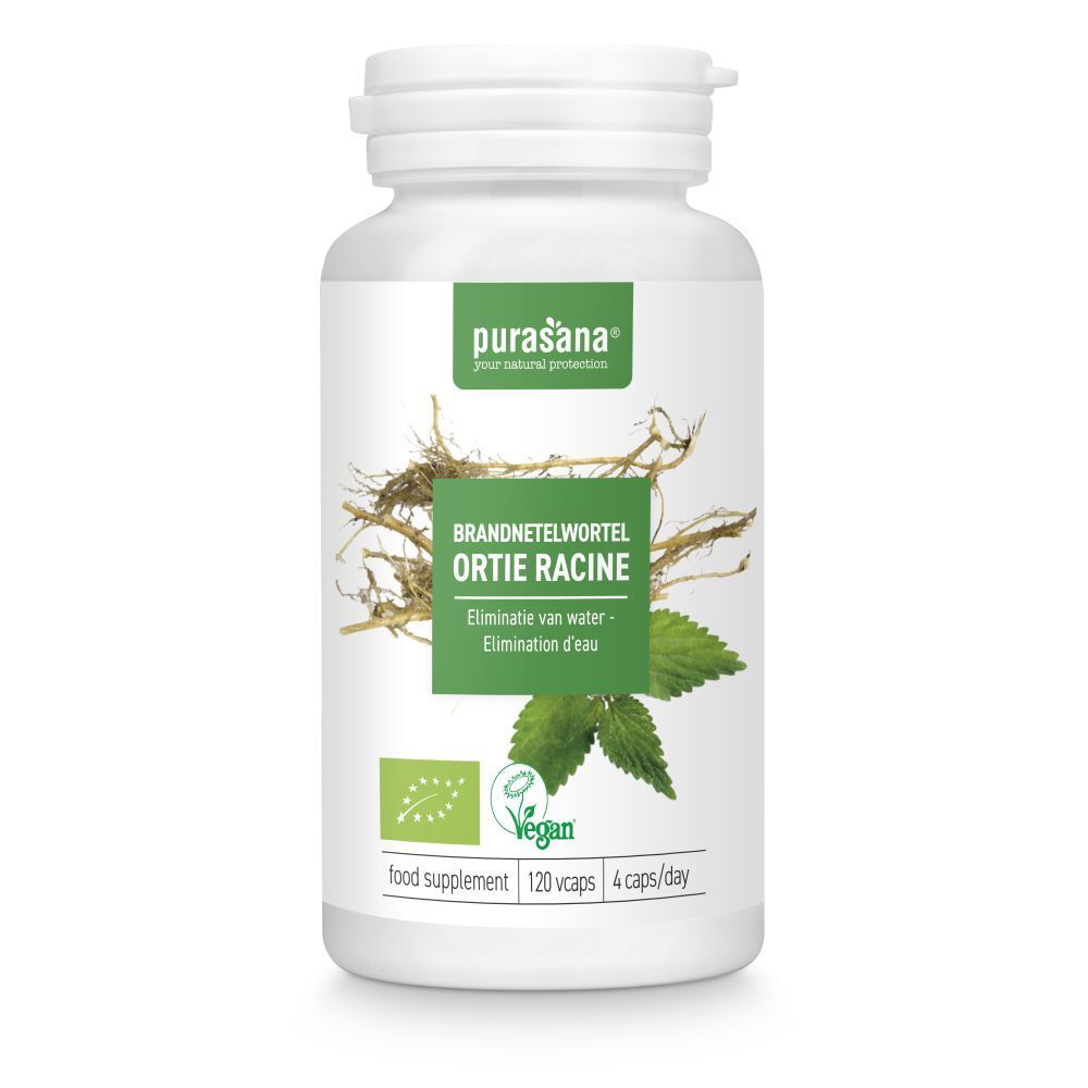 Witte fles purasana®. Label met brandnetelwortel, vegan logo, 120 capsules, 4/dag. Bio.