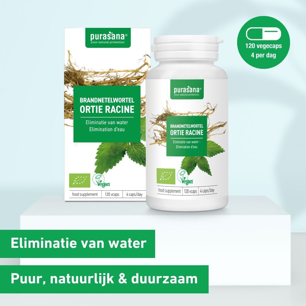 Productverpakking met fles en doos. purasana® logo, brandnetelwortel, vegan, 120 capsules.