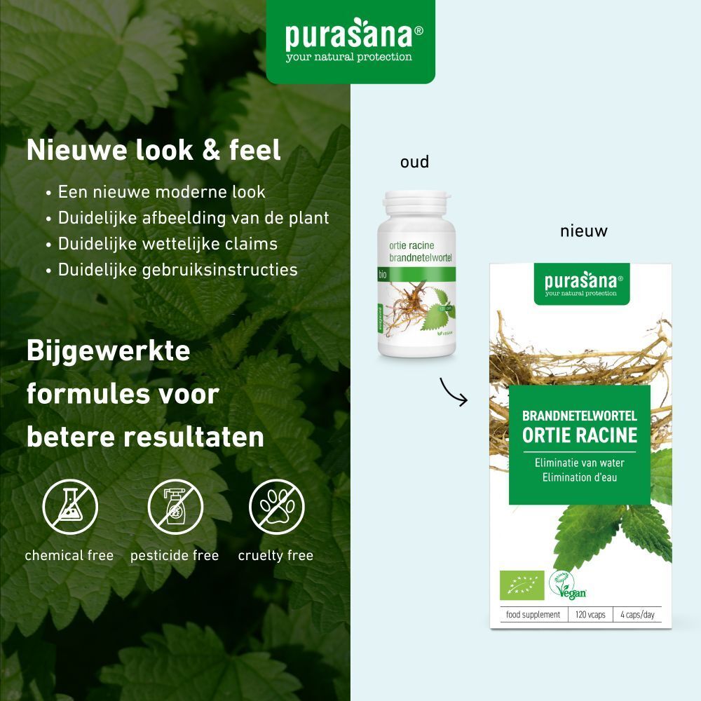 Vergelijking voor/na. purasana® fles, doos brandnetelwortel. Vegan, zonder chemie, pesticiden, dierproeven.