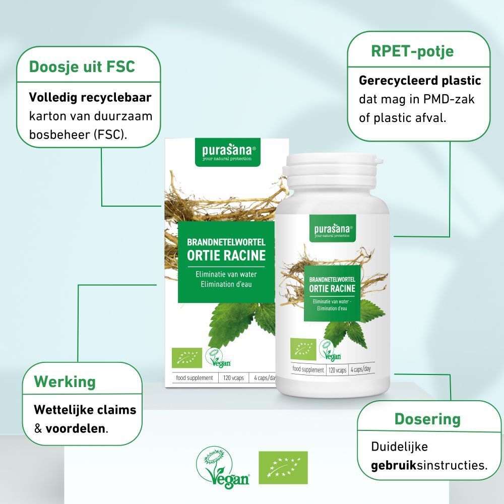 Productverpakking met fles en doos. purasana®, brandnetelwortel, vegan, FSC-karton, gerecycled plastic.