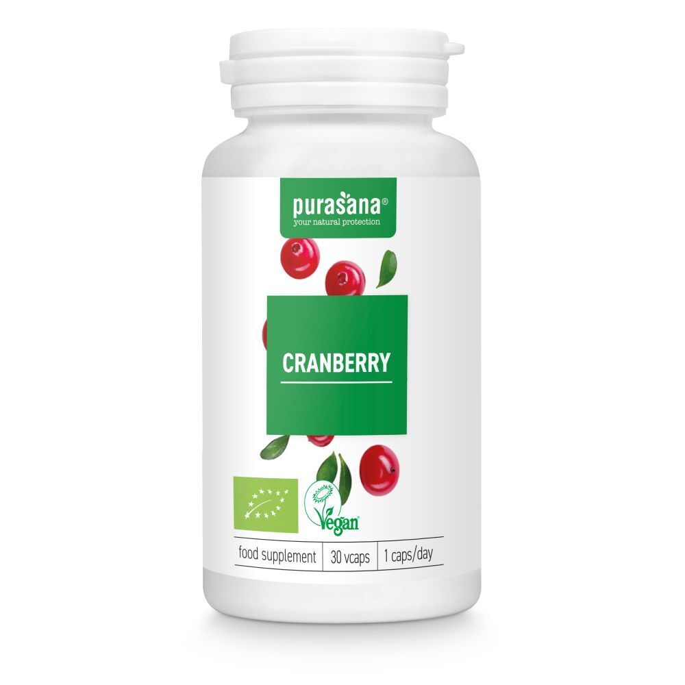 Flacon blanc de gélules. Étiquette avec illustration de cranberry et inscription "Cranberry". Label vegan.