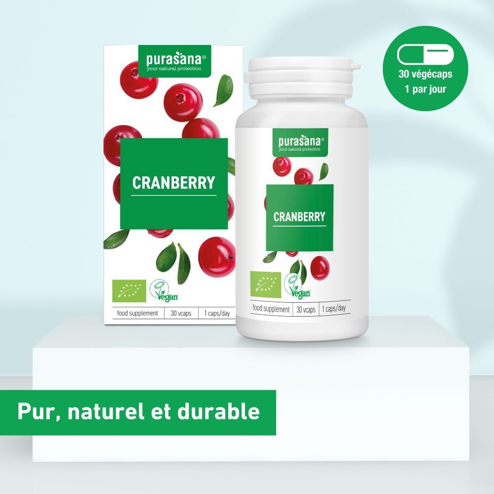 Emballage et flacon de gélules de cranberry. Inscription "Cranberry". Label vegan. 30 gélules. 1 par jour.