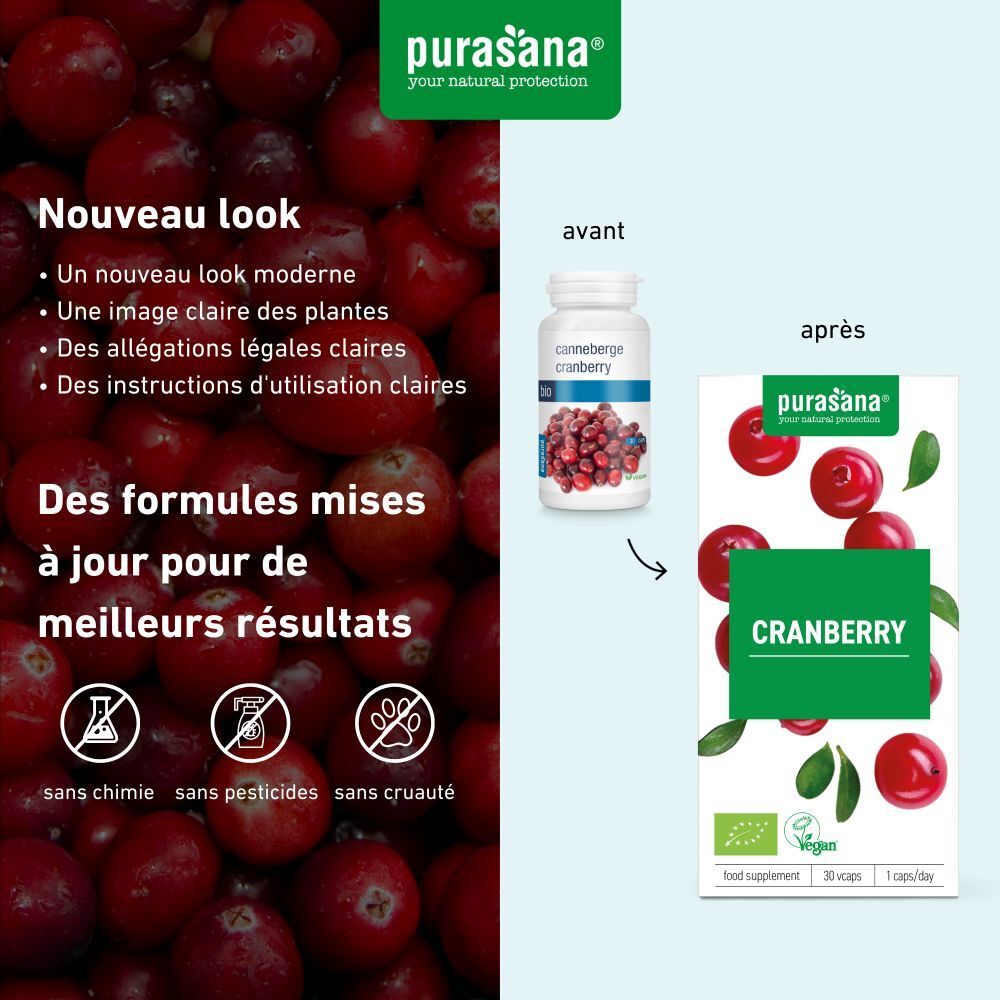 Comparaison ancien et nouvel emballage. Nouvel emballage avec illustration de cranberry et inscription "Cranberry". Label vegan.