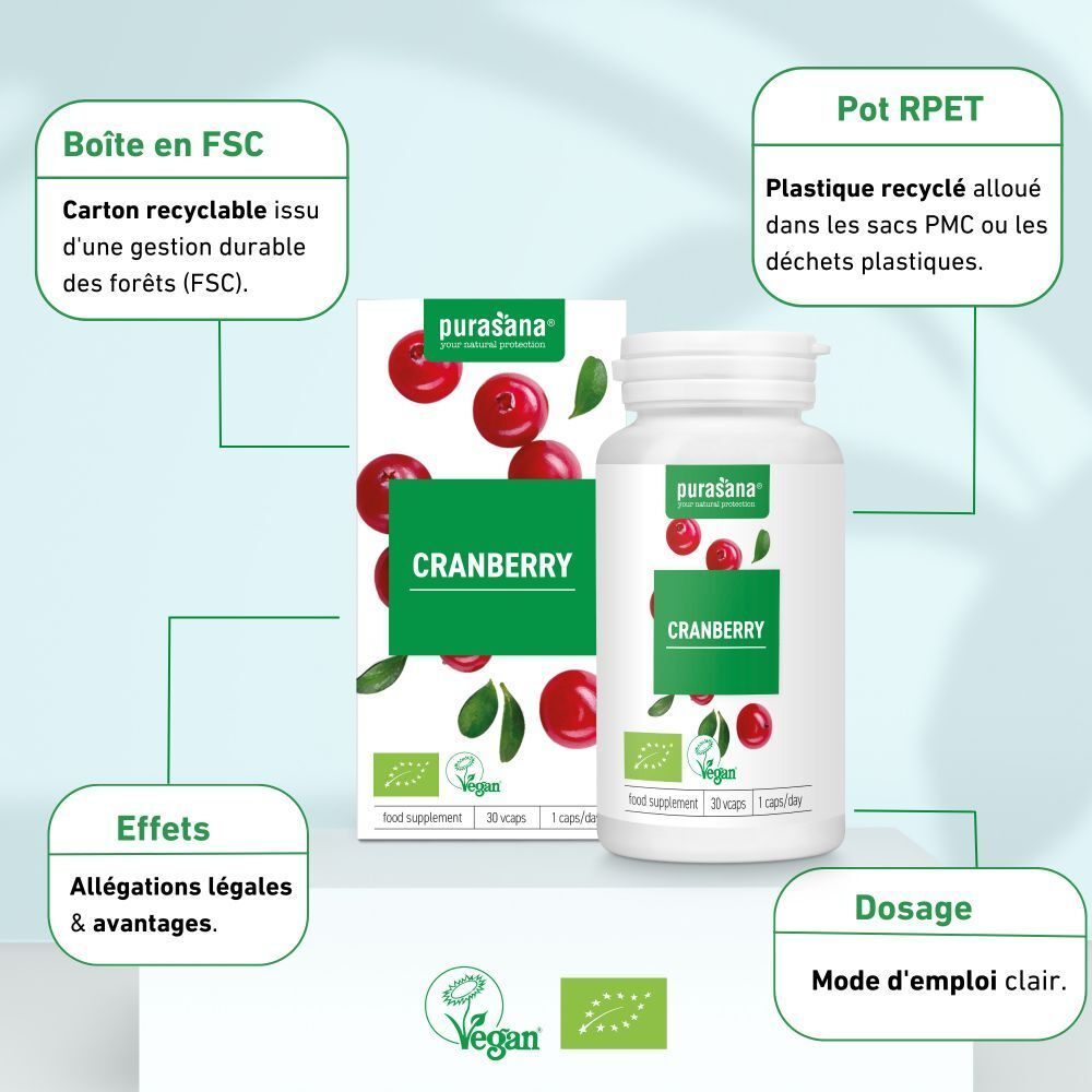 Emballage et flacon de gélules de cranberry. Inscription "Cranberry". Label vegan. Certification FSC.