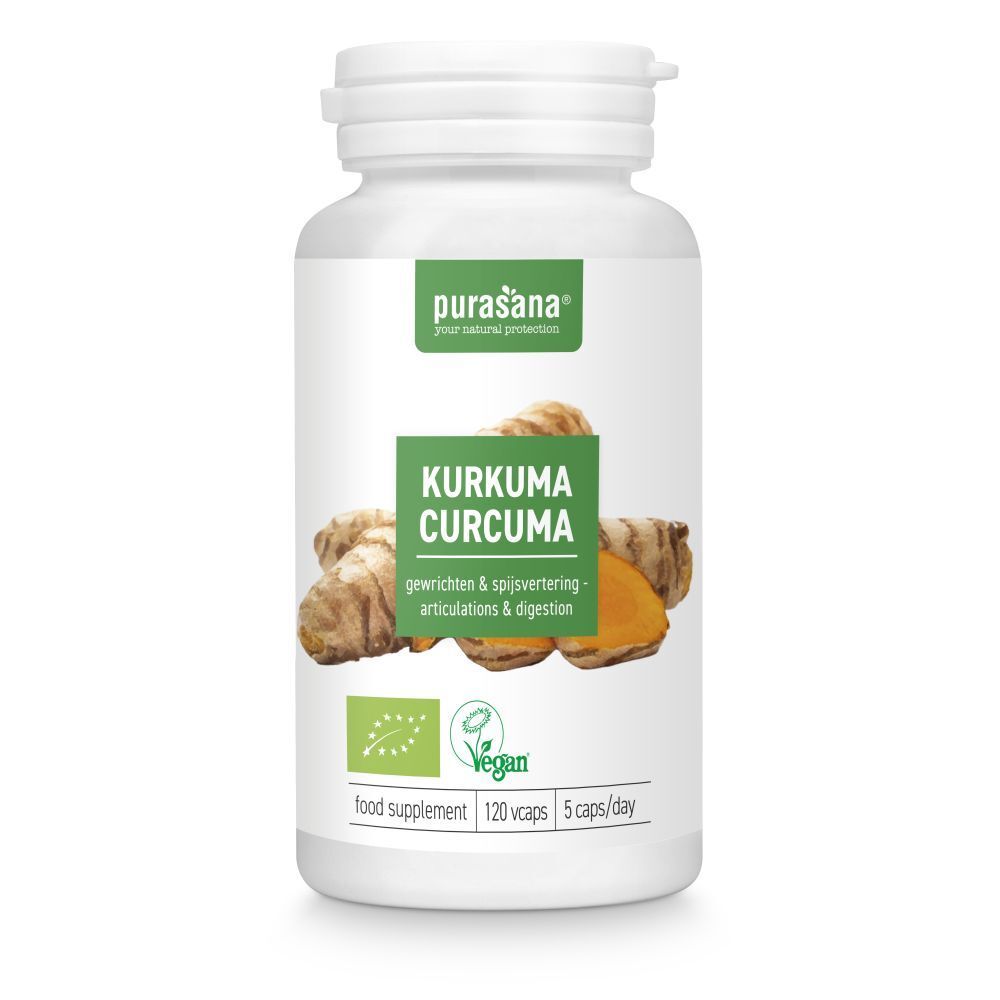 Witte fles met groen etiket. Opschrift: Kurkuma Curcuma. Vegan, 120 capsules, 5 capsules/dag. Bio-keurmerk.