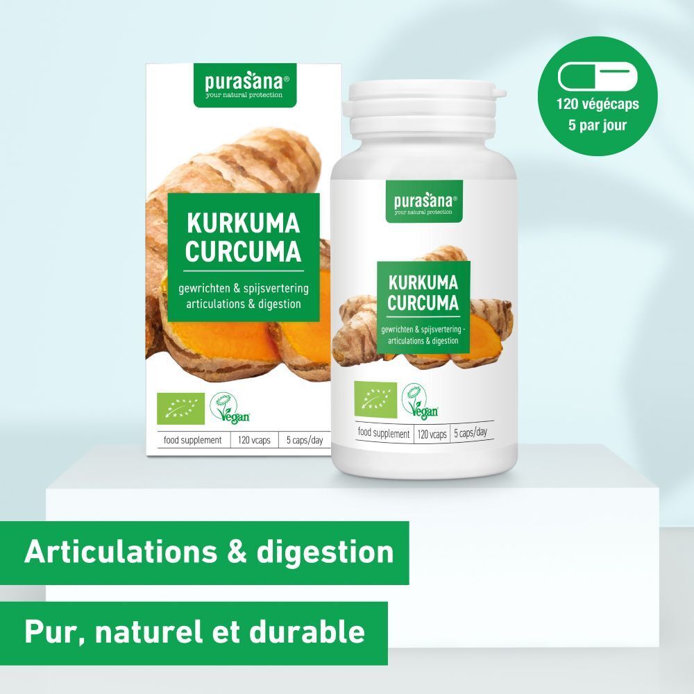 Emballage produit avec flacon et boîte. Inscription: Kurkuma Curcuma. Vegan. 120 gélules. 5 par jour. Articulations & digestion.