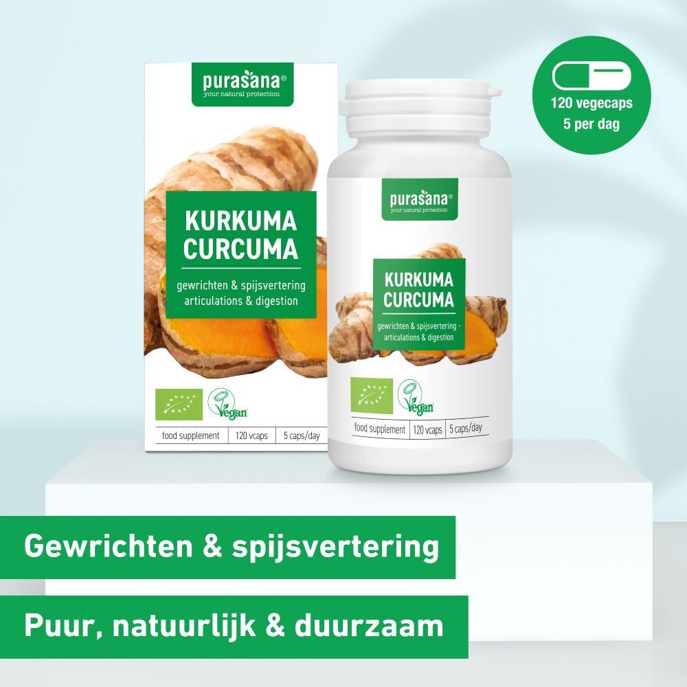 Productverpakking met fles en doos. Opschrift: Kurkuma Curcuma. Vegan. 120 capsules. 5 per dag. Gewrichten & spijsvertering.