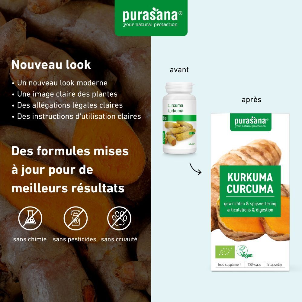 Comparaison des emballages produits. Gauche: ancien. Droite: nouveau. Inscription: Kurkuma Curcuma. Vegan. 120 gélules. 5 par jour.