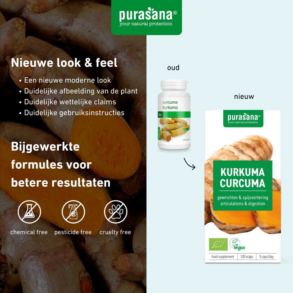 Vergelijking van productverpakkingen. Links: oud. Rechts: nieuw. Opschrift: Kurkuma Curcuma. Vegan. 120 capsules. 5 per dag.